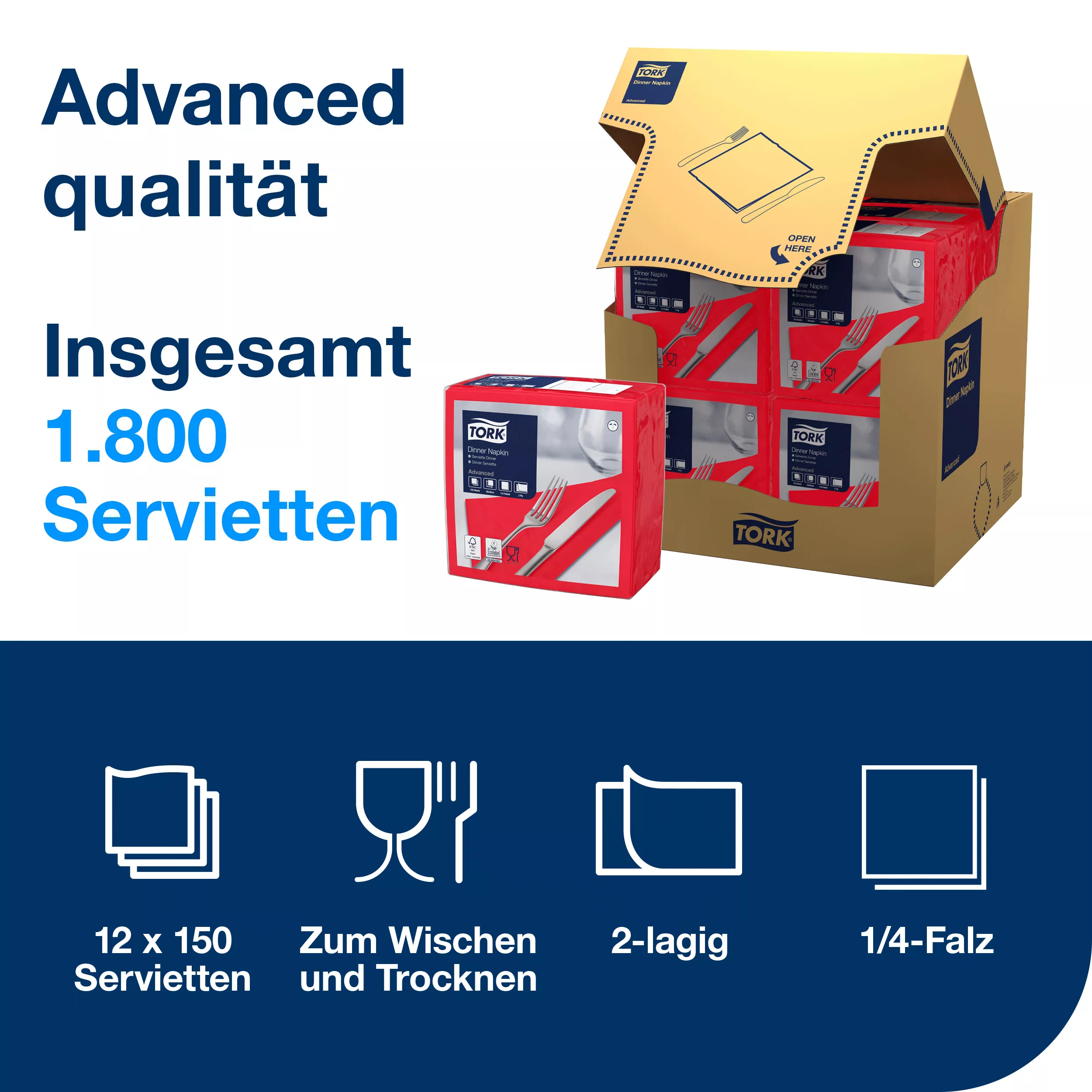 Tork Dinnerservietten Rot, 1/4-Falz, 2‑lagig, 40 cm × 39 cm, 12 × 150 Servietten, 478752