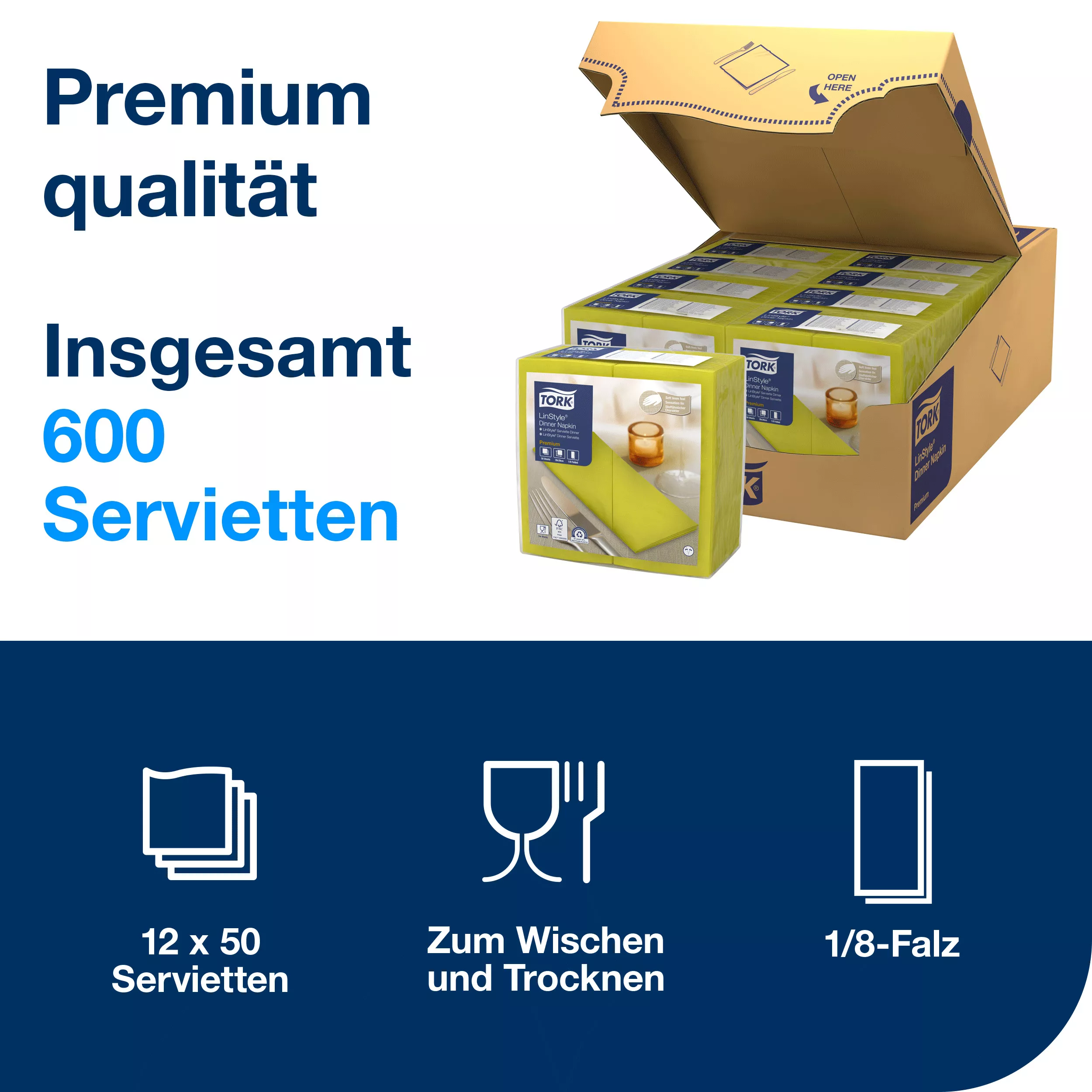 Tork LinStyle® Dinnerservietten Pistazie, 1/8‑Falz, 40 cm × 39 cm, 12 × 50 Servietten, 478163
