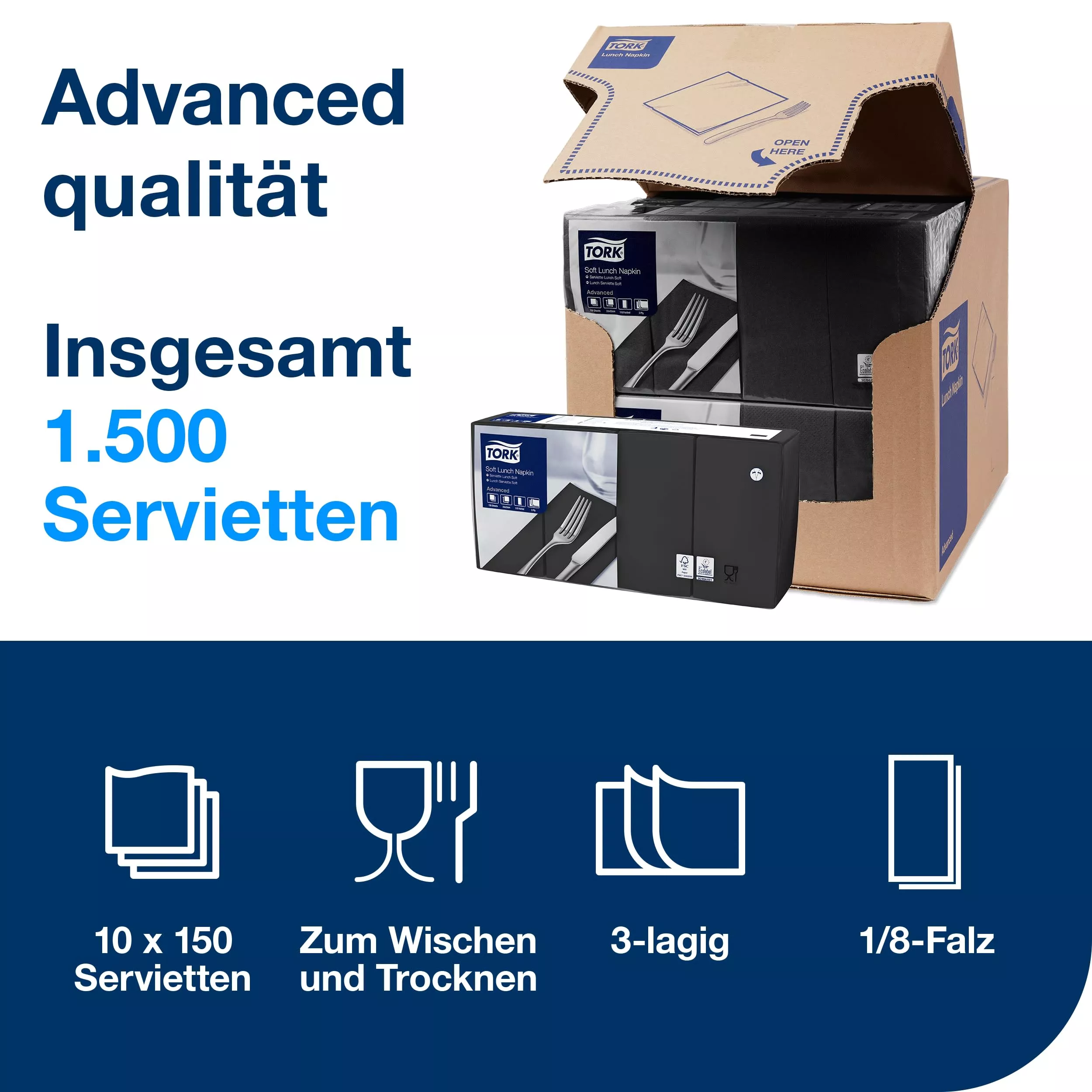 Tork Soft Lunchservietten Schwarz, 1/8-Falz, 3-lagig, 33 cm × 33 cm, 10 × 150 Servietten, 477881