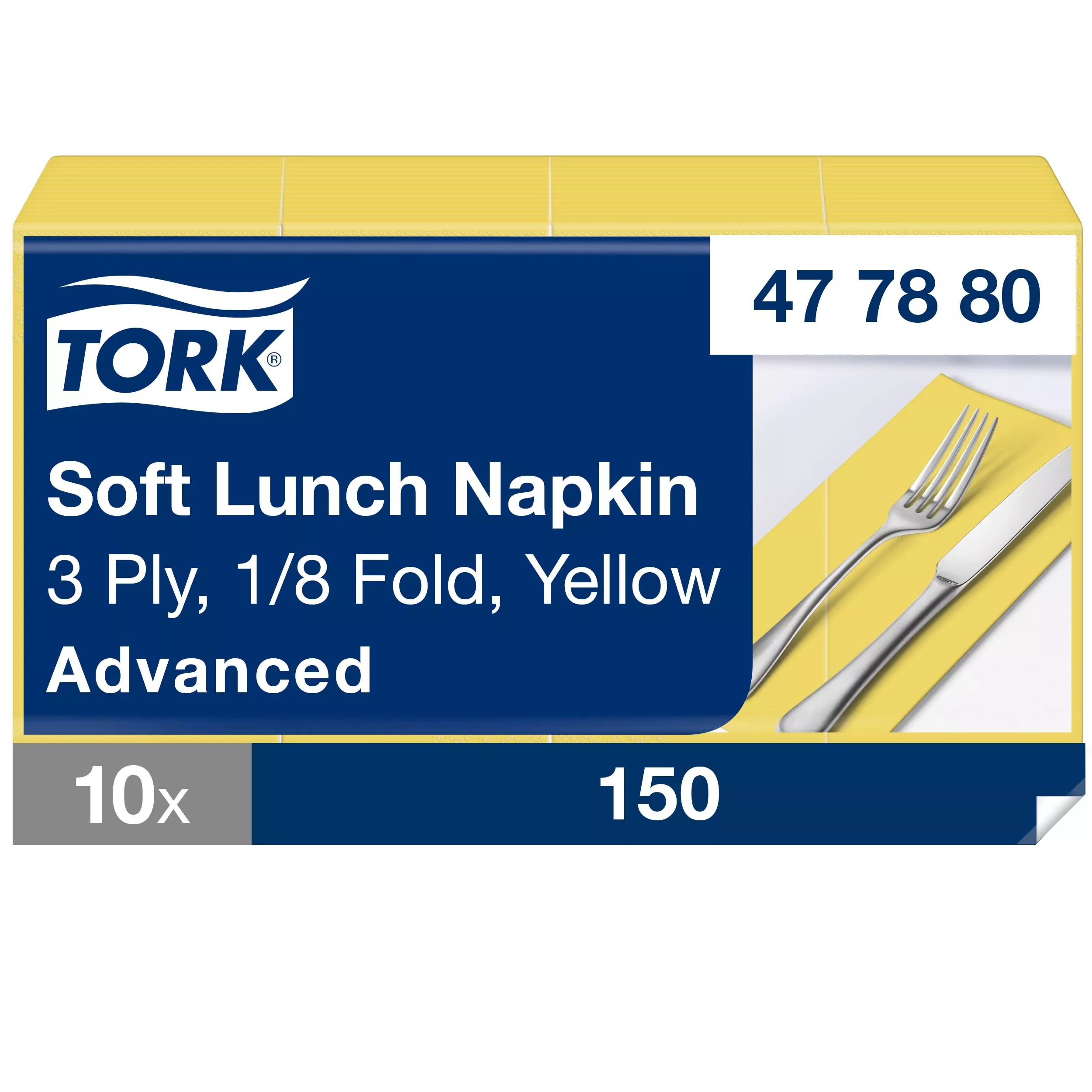 Tork Soft Lunchserviette Gelb, 1/8-Falz, 3-lagig, 33 cm × 33 cm, 10 × 150 Servietten, 477880