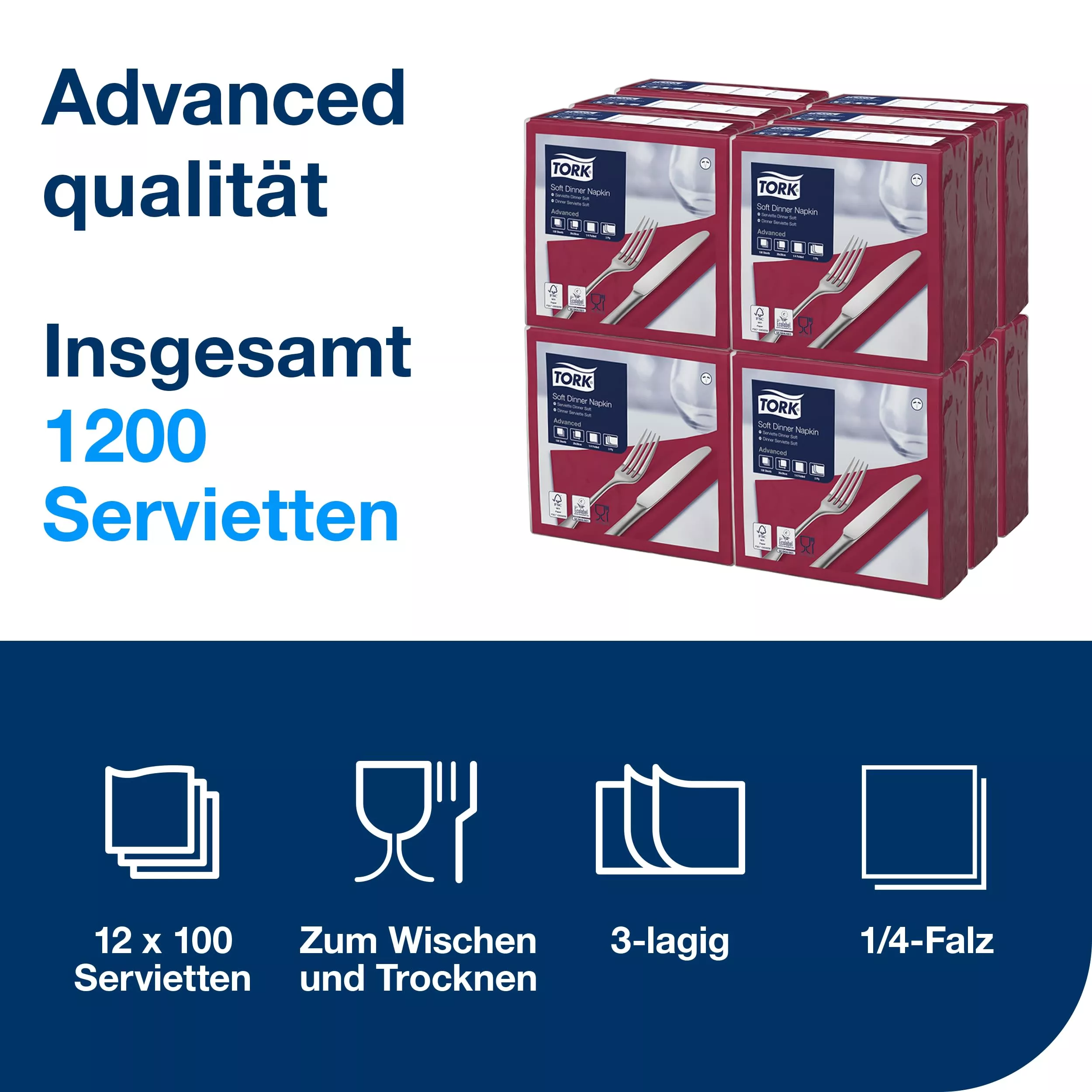Tork Soft Dinnerservietten Bordeauxrot, 1/4‑Falz, 3‑lagig, 40 cm × 39 cm, 12 × 100 Servietten, 477599