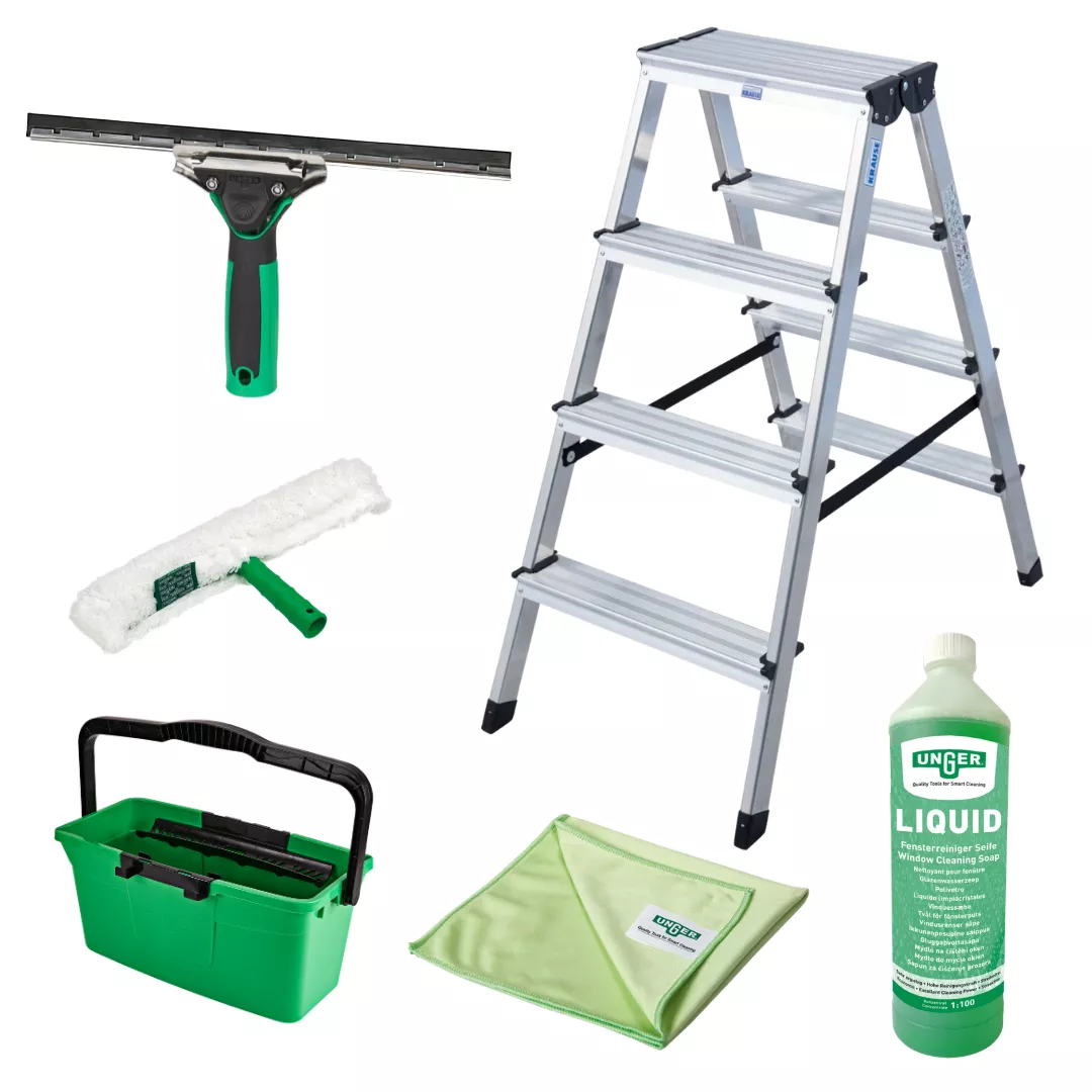 CleanClub SET Unger Fensterreinigung mit Krause Leiter – Komplettset inkl. Dopplo Doppelleiter 2x4 Stufen & Profi-Zubehör