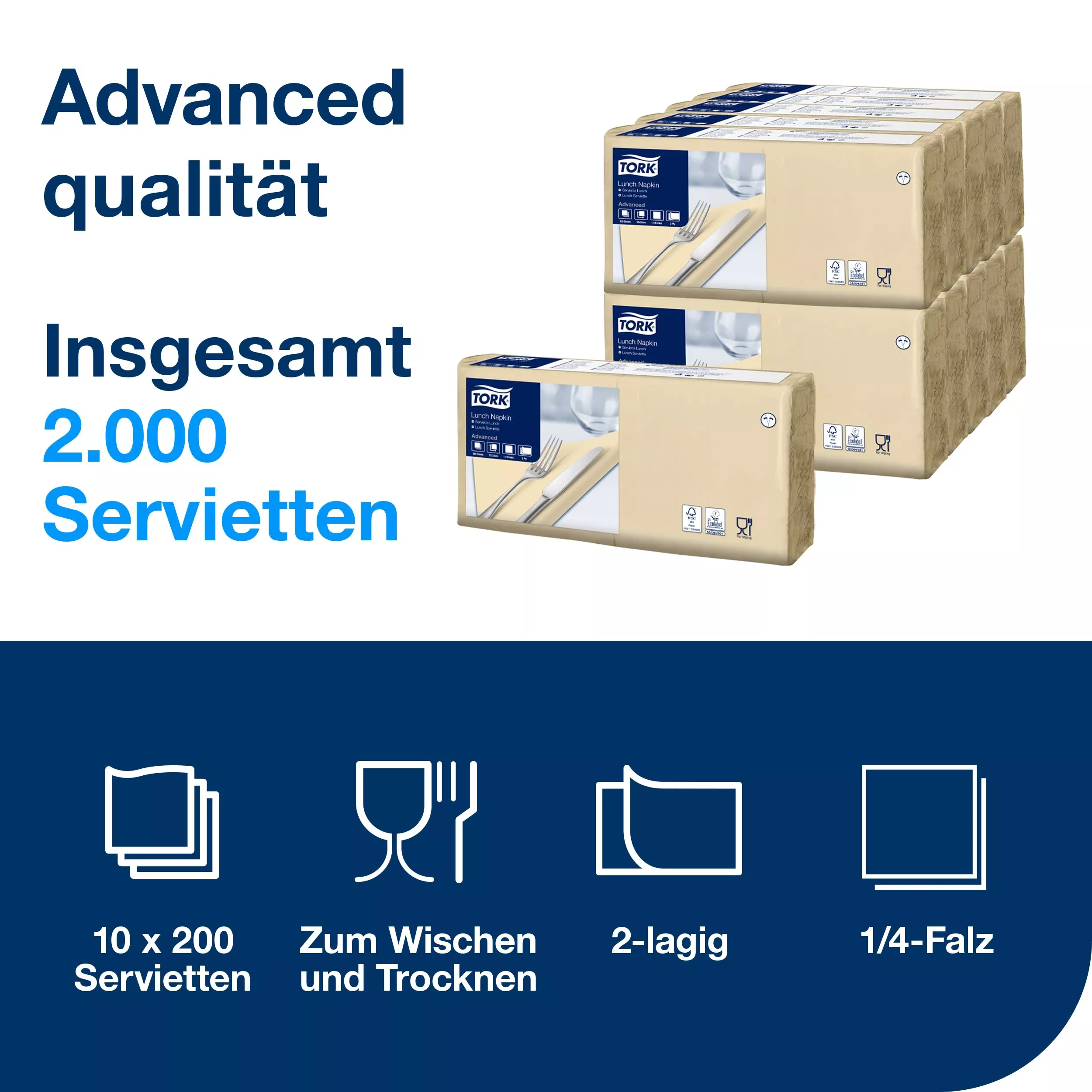 Tork Lunchserviette Sand, 1/4-Falz, 2-lagig, 33 cm × 33 cm, 10 × 200 Servietten, 477206