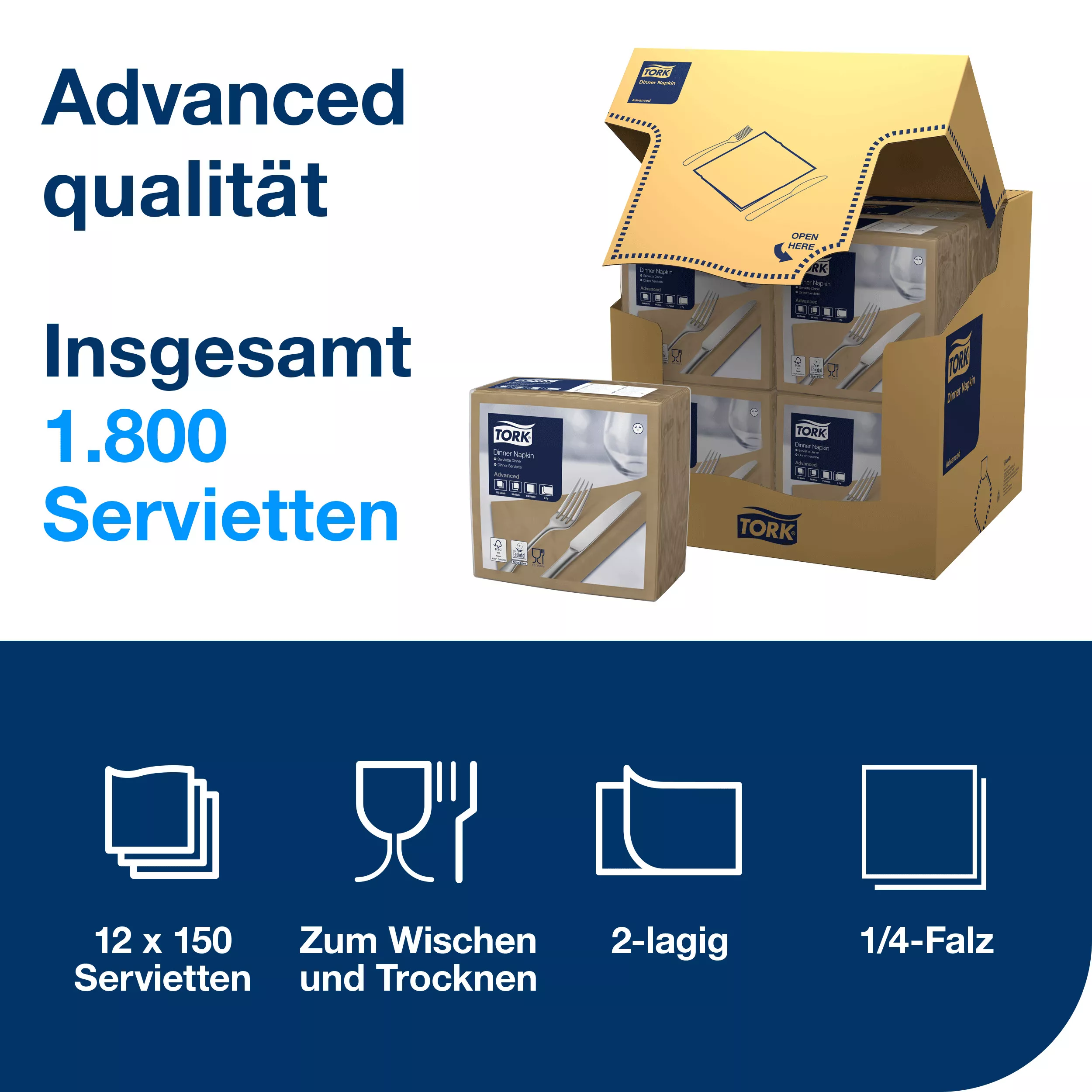 Tork Dinnerservietten Biscuit, 1/4-Falz, 2‑lagig, 40 cm × 39 cm, 12 × 150 Servietten, 478751