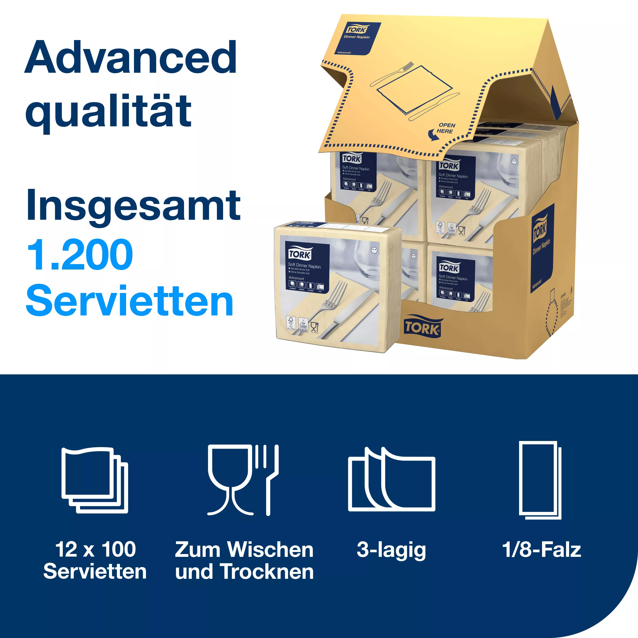 Tork Soft Dinnerservietten Sand, 1/8‑Falz, 3‑lagig, 39 cm × 39 cm, 12 × 100 Servietten, 477622
