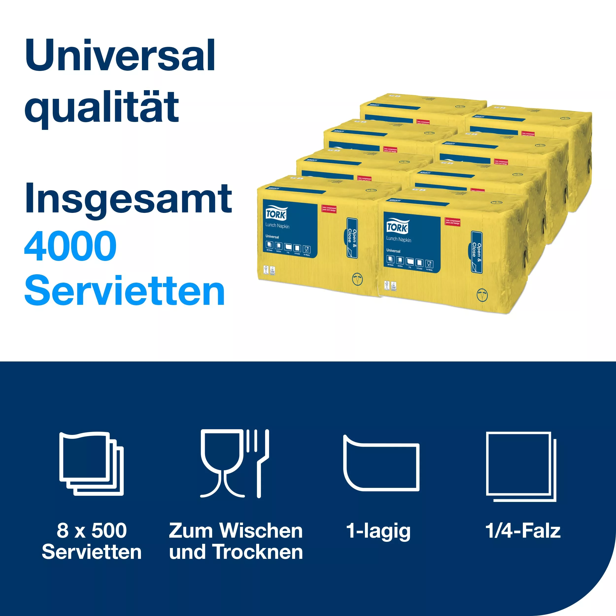 Tork Lunchservietten Gelb, 1/4-Falz, 1-lagig, 33 cm × 33 cm, 8 × 500 Servietten, 509303