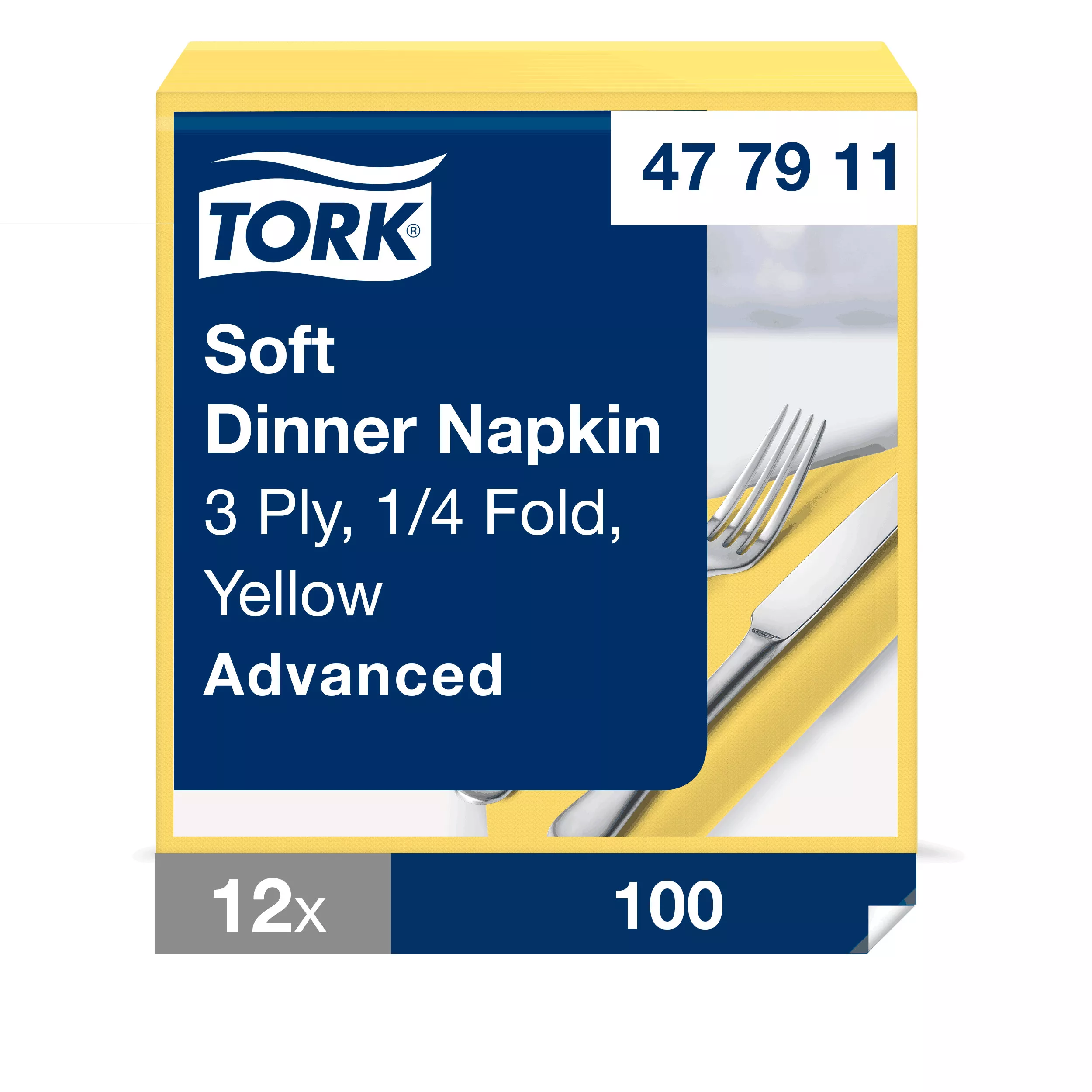 Tork Soft Dinnerservietten Gelb, 1/4‑Falz, 3‑lagig, 40 cm × 39 cm, 12 × 100 Servietten, 477911