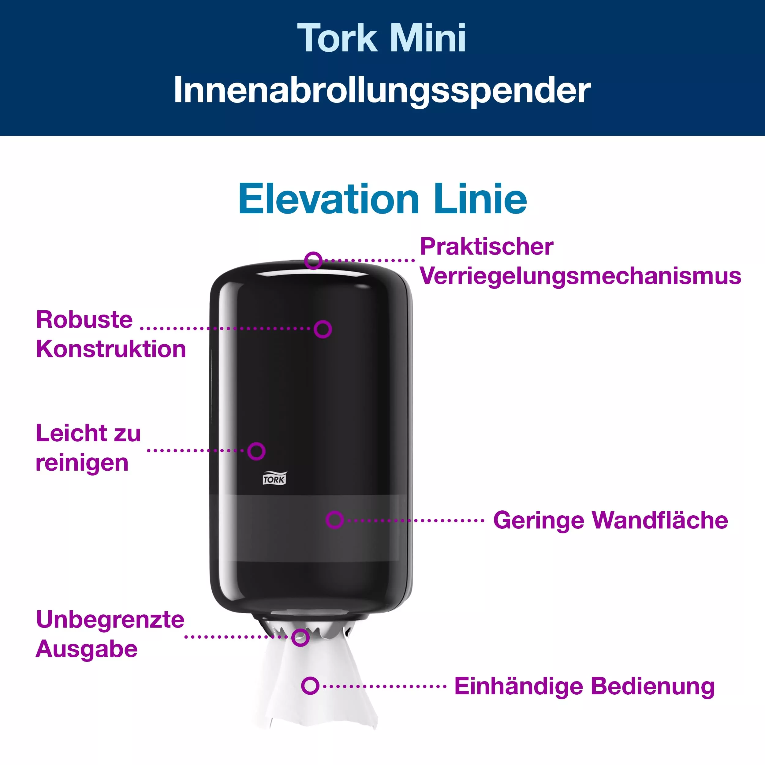 Tork Mini Innenabrollungsspender Schwarz M1, Einhändige Bedienung, Elevation Linie, 558008