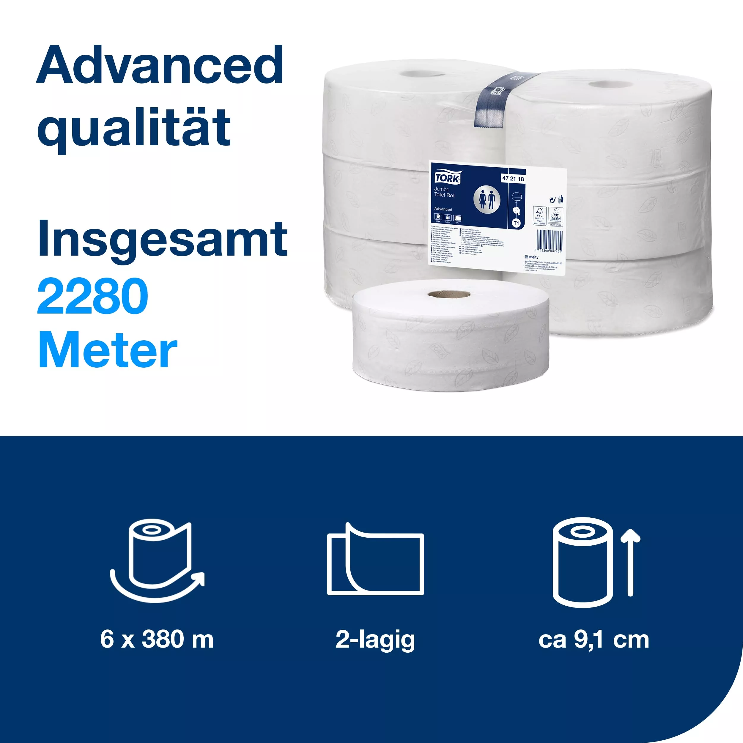 Tork Jumbo Toilettenpapier Weiß T1, Advanced, 2‑lagig, 6 × 380 m, 472118