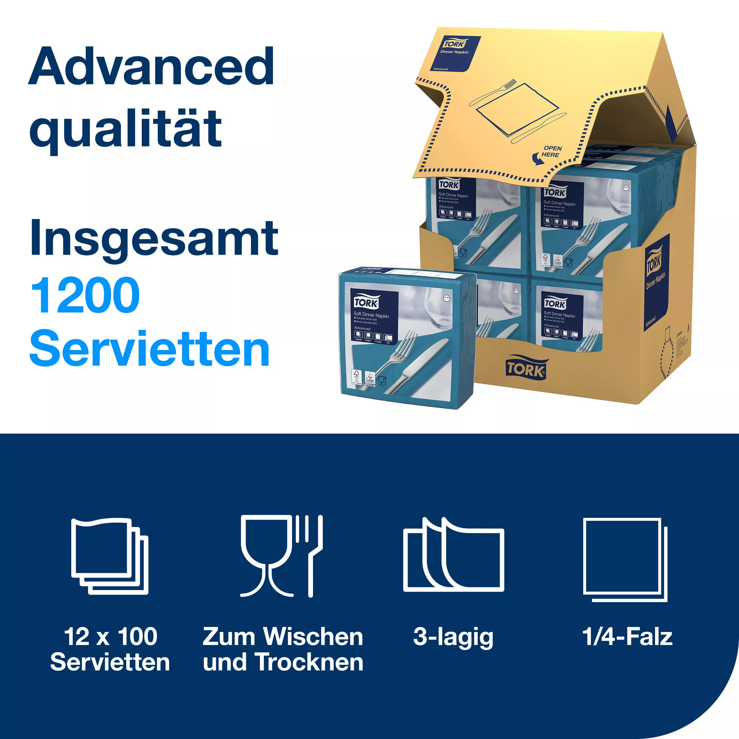 Tork Soft Dinnerservietten Blaugrün, 1/4‑Falz, 3‑lagig, 40 cm × 39 cm, 12 × 100 Servietten, 477914