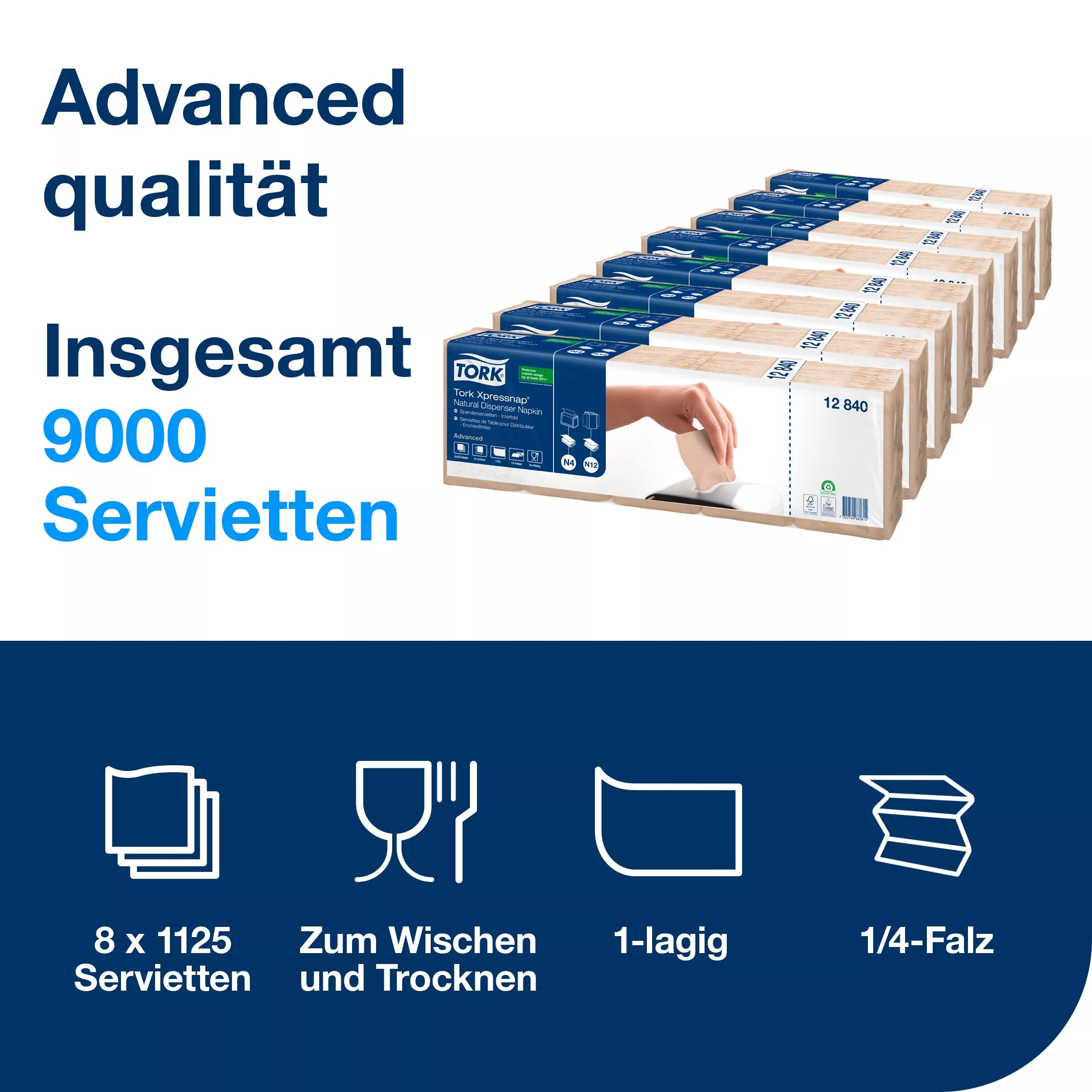 Tork Xpressnap® Spenderserviette Natur N4, Advanced, 1/4-Falz, 1-lagig, 21 cm × 33 cm, 8 x 1125 Servietten, 12840