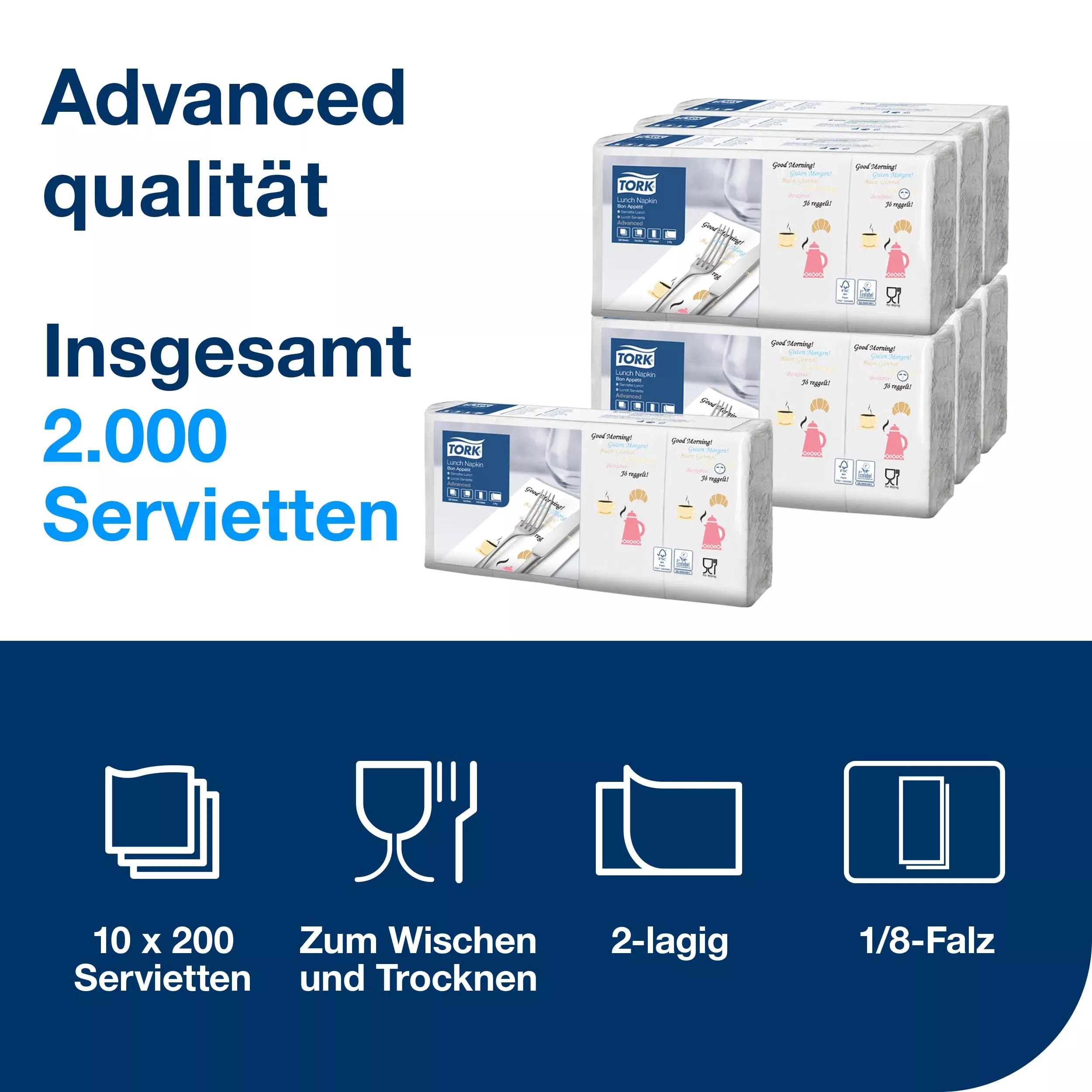Tork Guten Morgen Lunchservietten, 1/8-Falz, 2-lagig, 33 cm × 33 cm, 10 × 200 Servietten, 477302