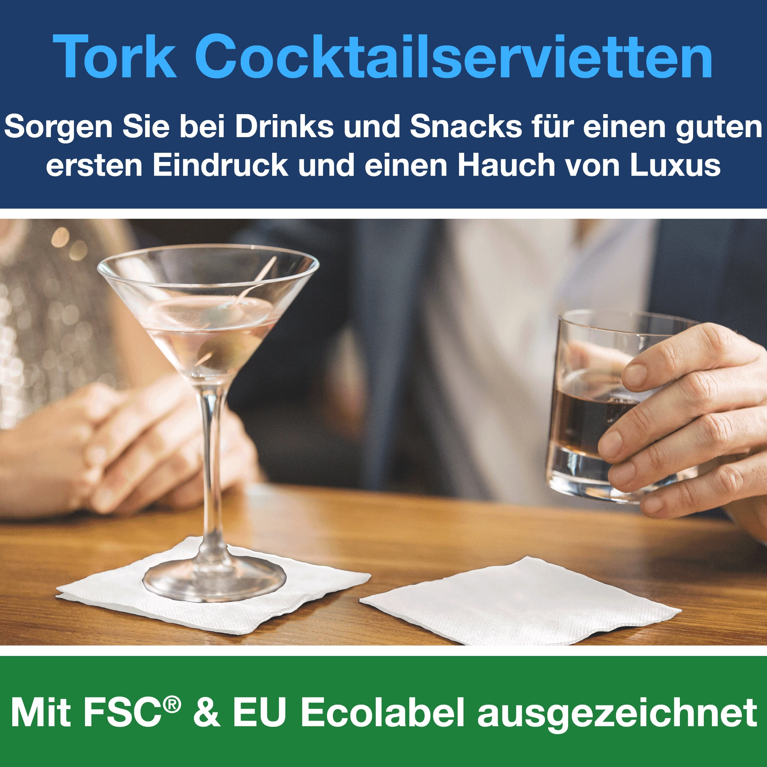 Tork Cocktailservietten Weiß, 1/4-Falz, 2-lagig, 24 cm × 24 cm, 12 × 200 Servietten, 477534