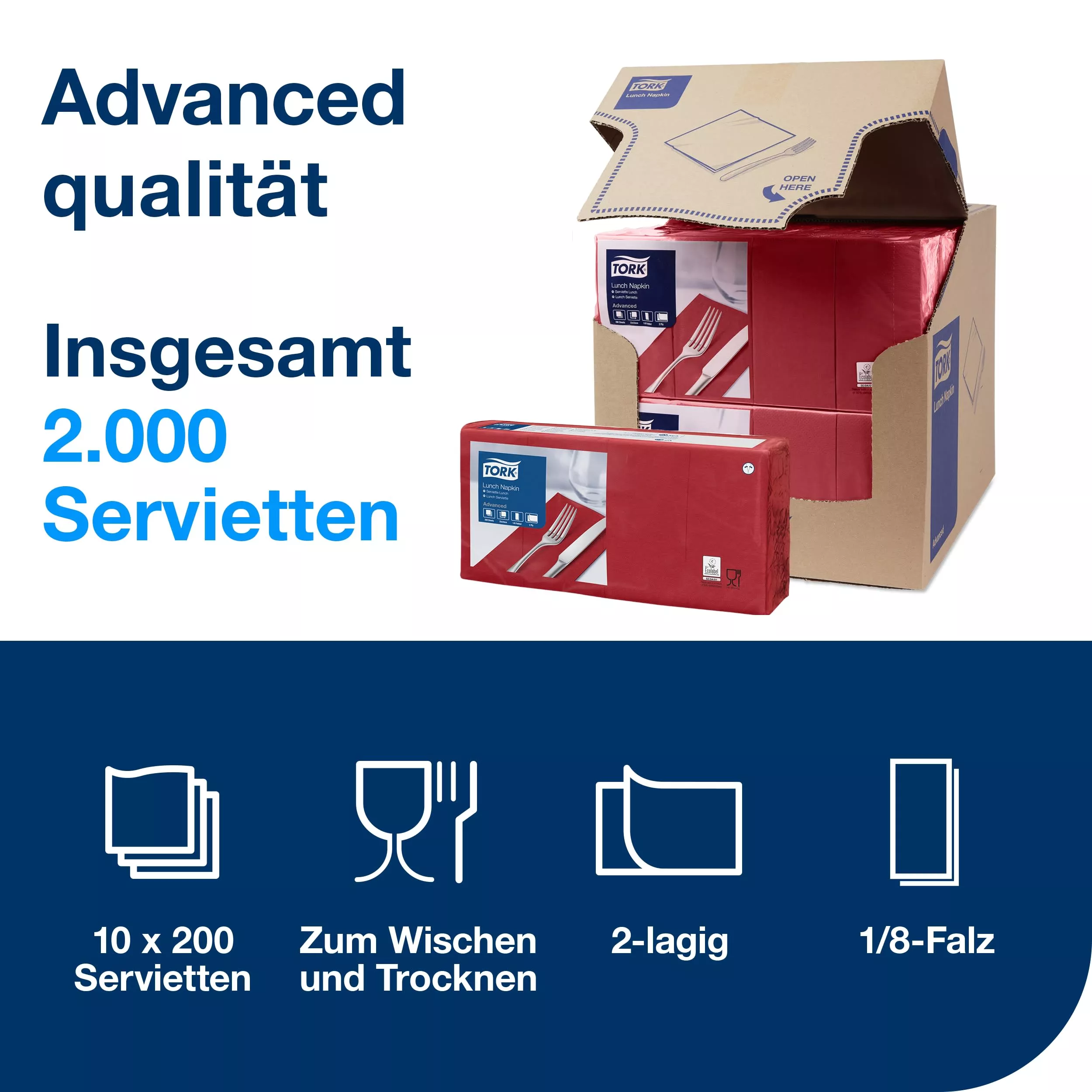 Tork Lunchservietten Bordeauxrot, 1/8-Falz, 2-lagig, 33 cm × 33 cm, 10 × 200 Servietten, 477422