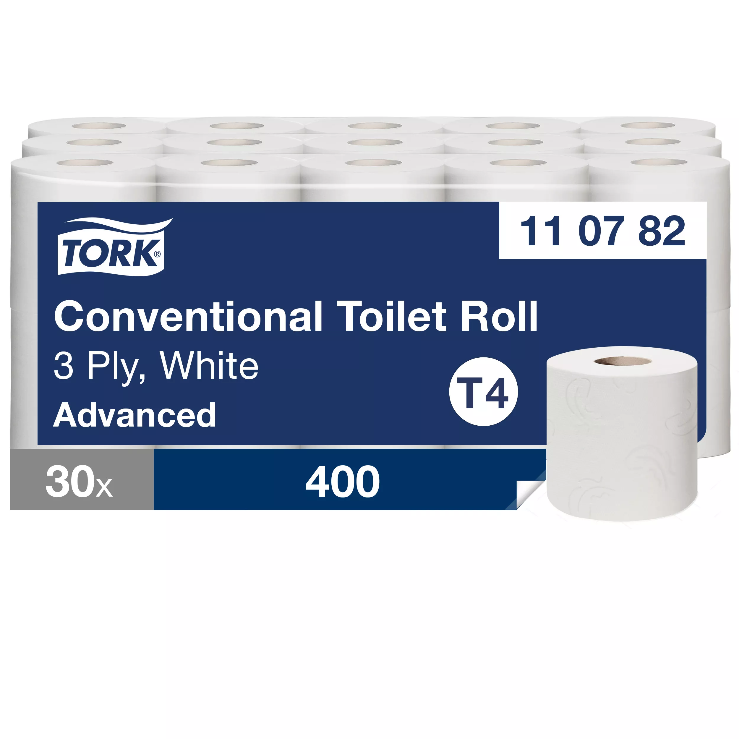 Tork Kleinrollen Toilettenpapier Weiß T4, Advanced, 3-lagig, 30 × 250 Blatt, 110782