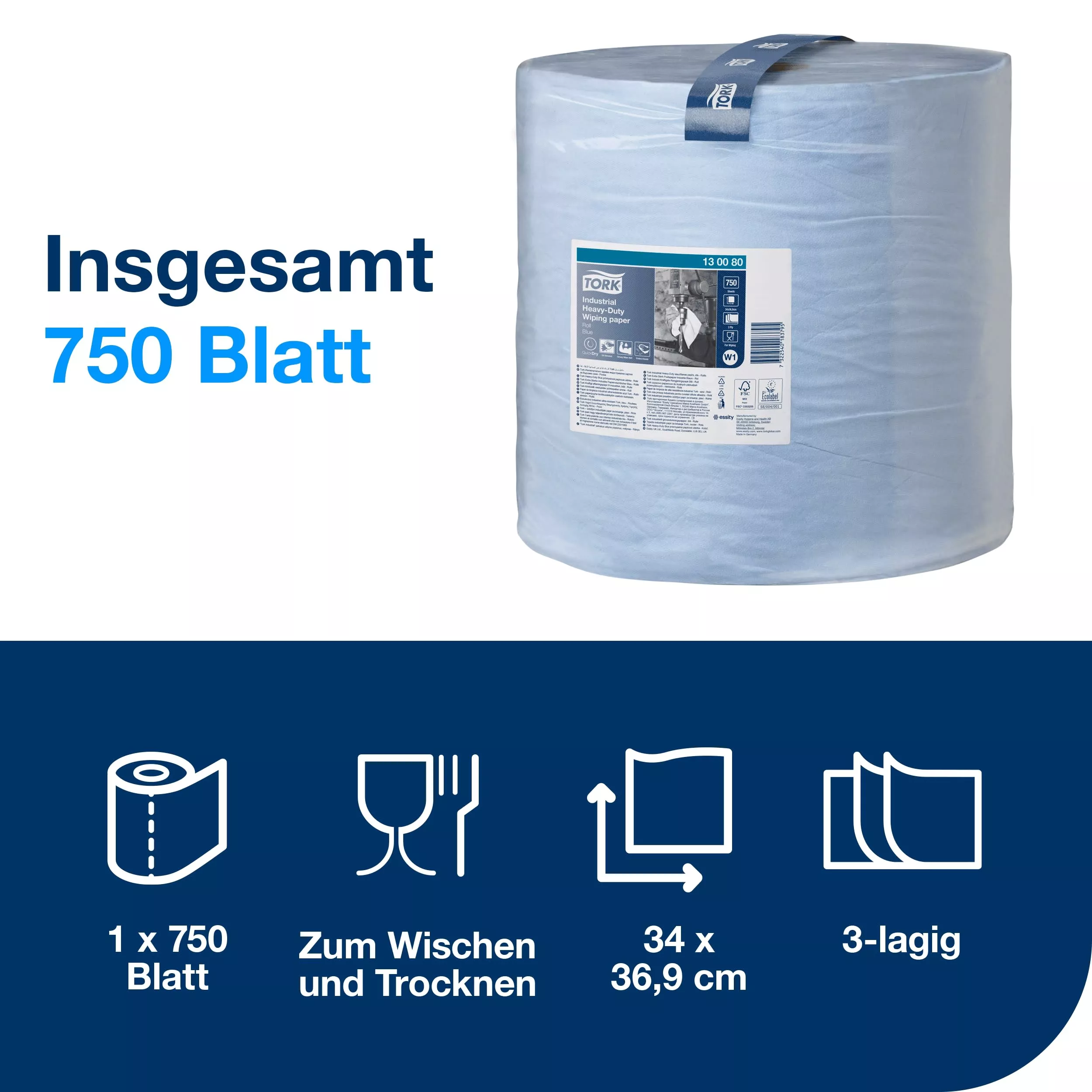 Tork Extra Starke Industrie Papierwischtücher Blau W1, Hohe Saugfähigkeit, 1 × 750 Blatt, 130080