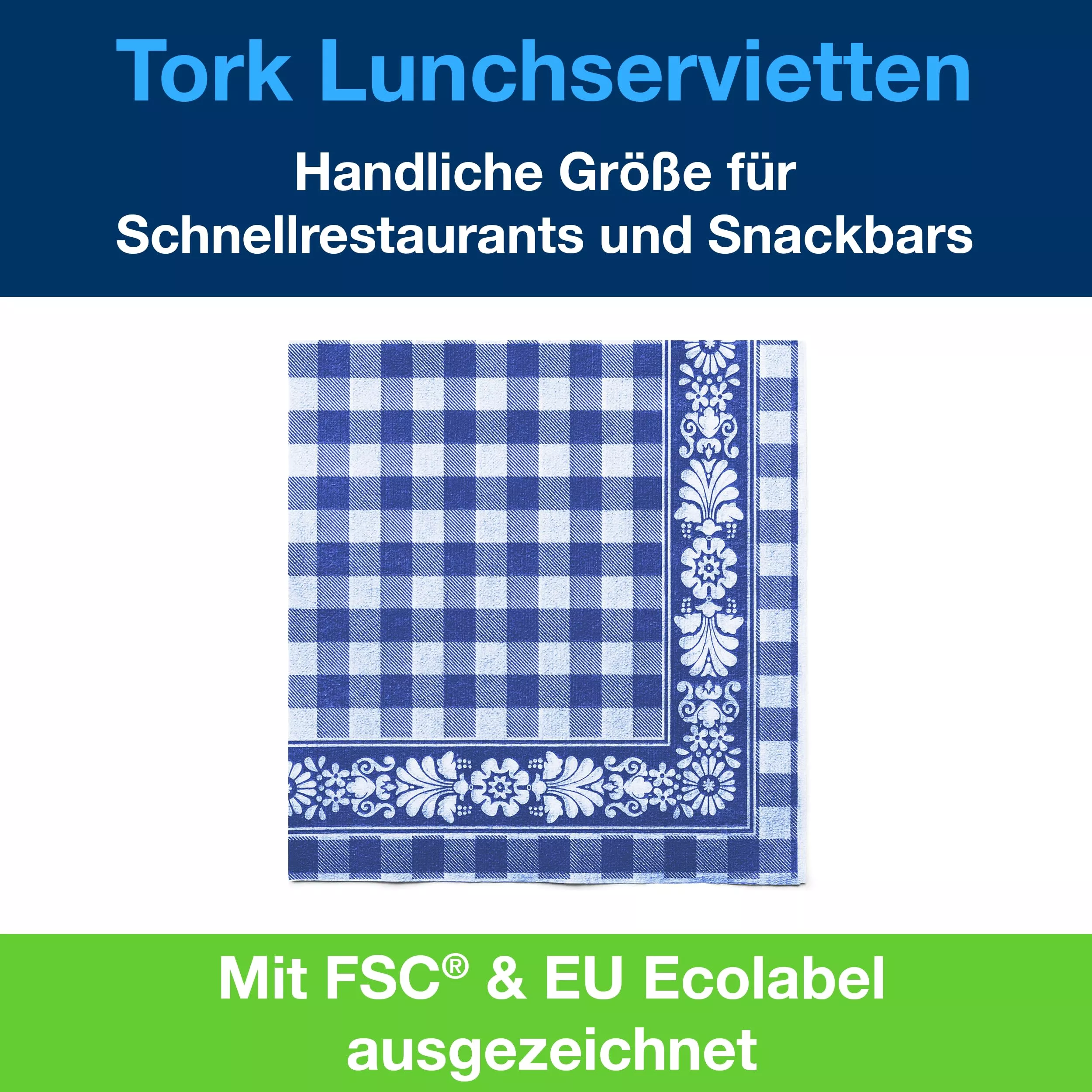 Tork Blaukarierte Lunchserviette, 1/4-Falz, 1-lagig, 33 cm × 33 cm, 8 × 400 Servietten, 509351