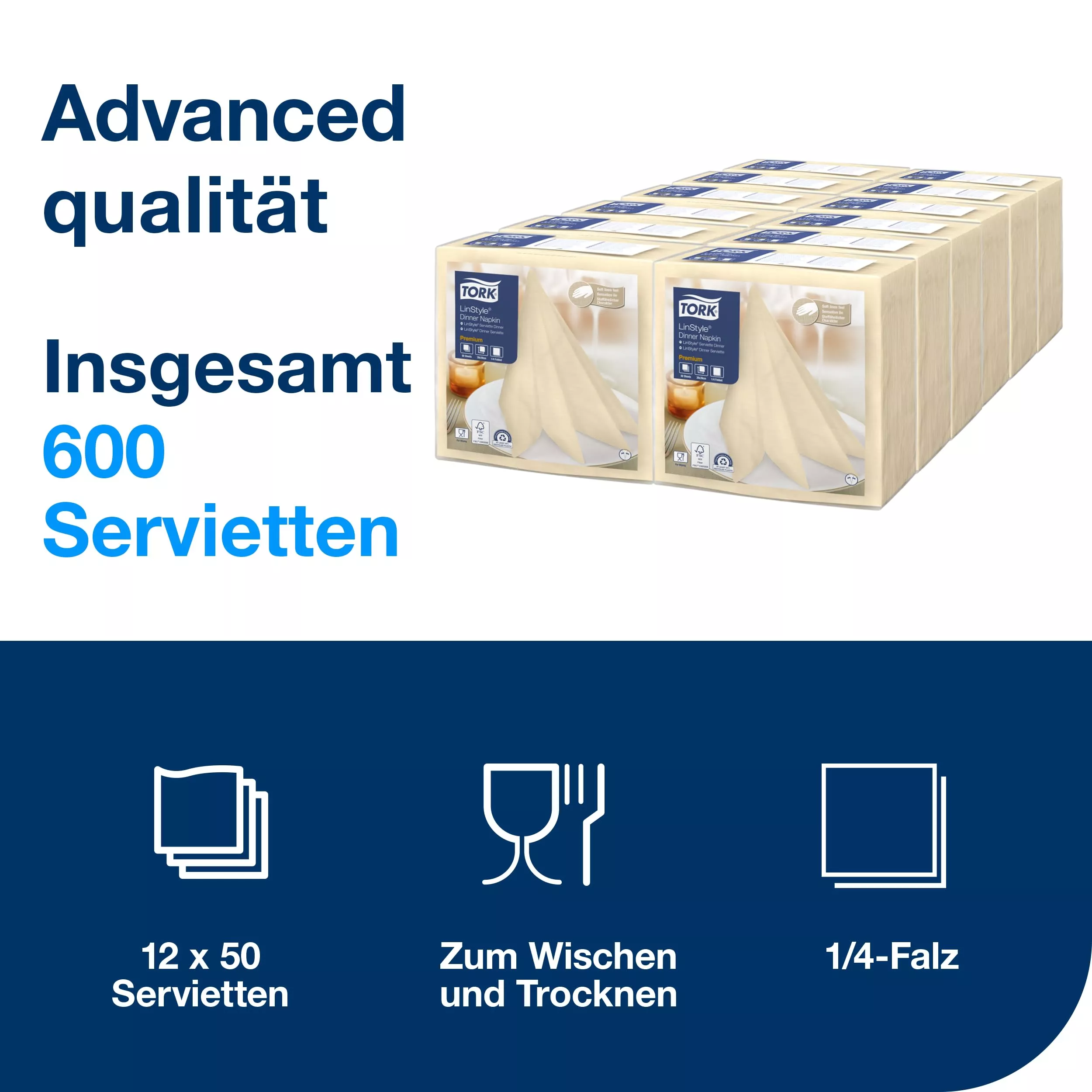 Tork LinStyle® Dinnerservietten Creme, 1/4‑Falz, 39 cm × 39 cm, 12 × 50 Servietten, 478713