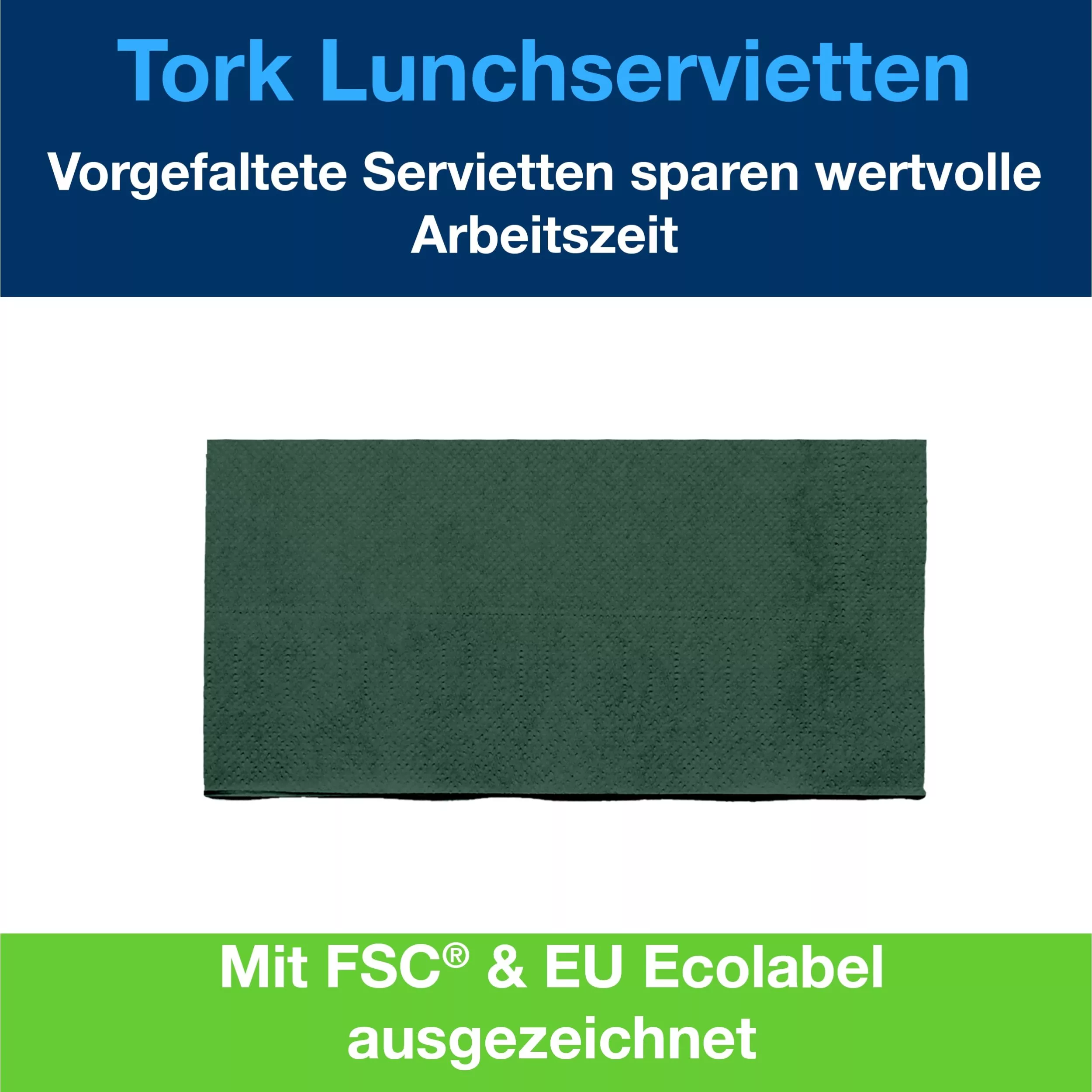 Tork Lunchserviette Dunkelgrün, 1/8-Falz, 2-lagig, 33 cm × 33 cm, 10 × 200 Servietten, 477423