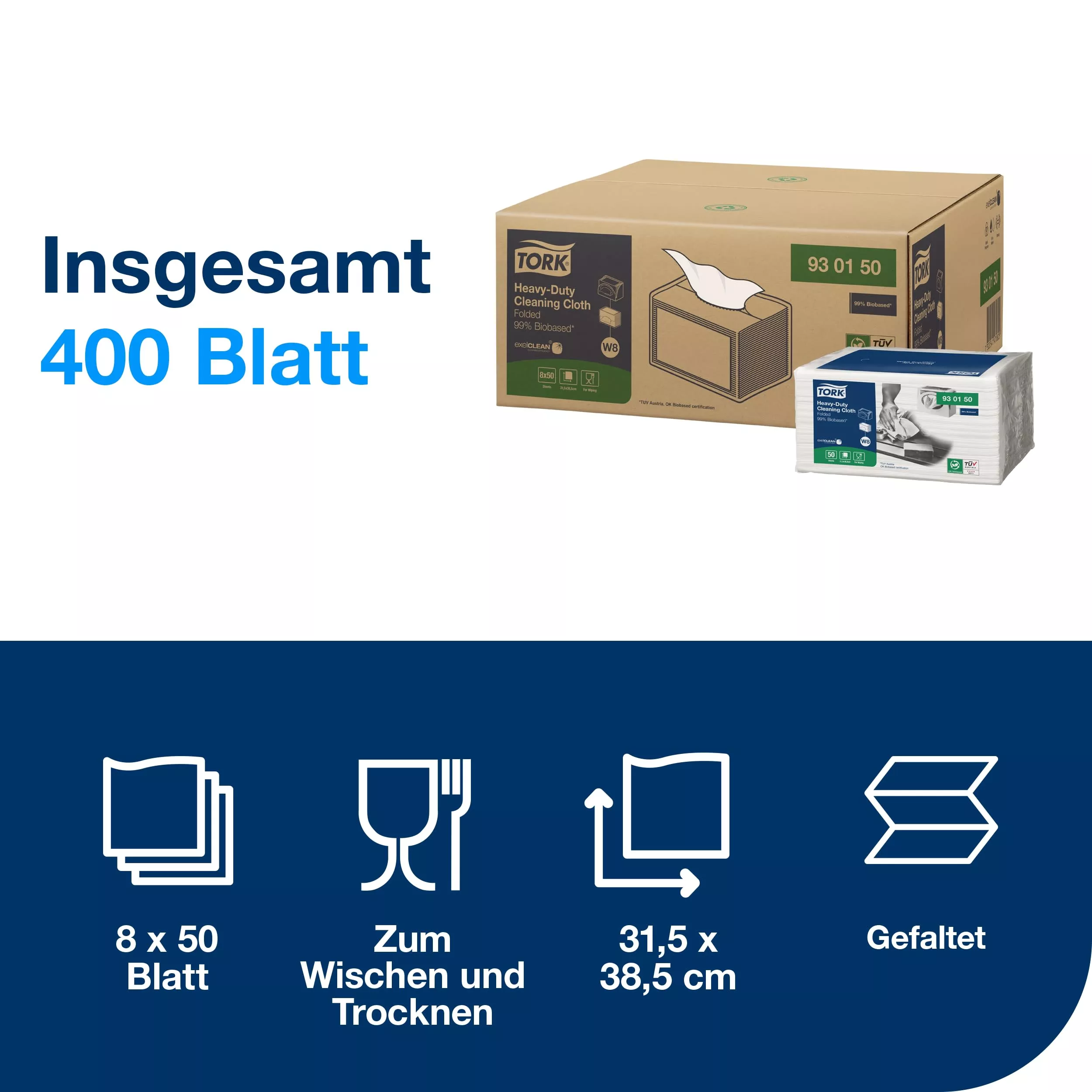 Tork Extra-Starke Biobasierte Reinigungstücher Weiß W4, 8 × 50 Tücher, 99 % biobasiert, 930150