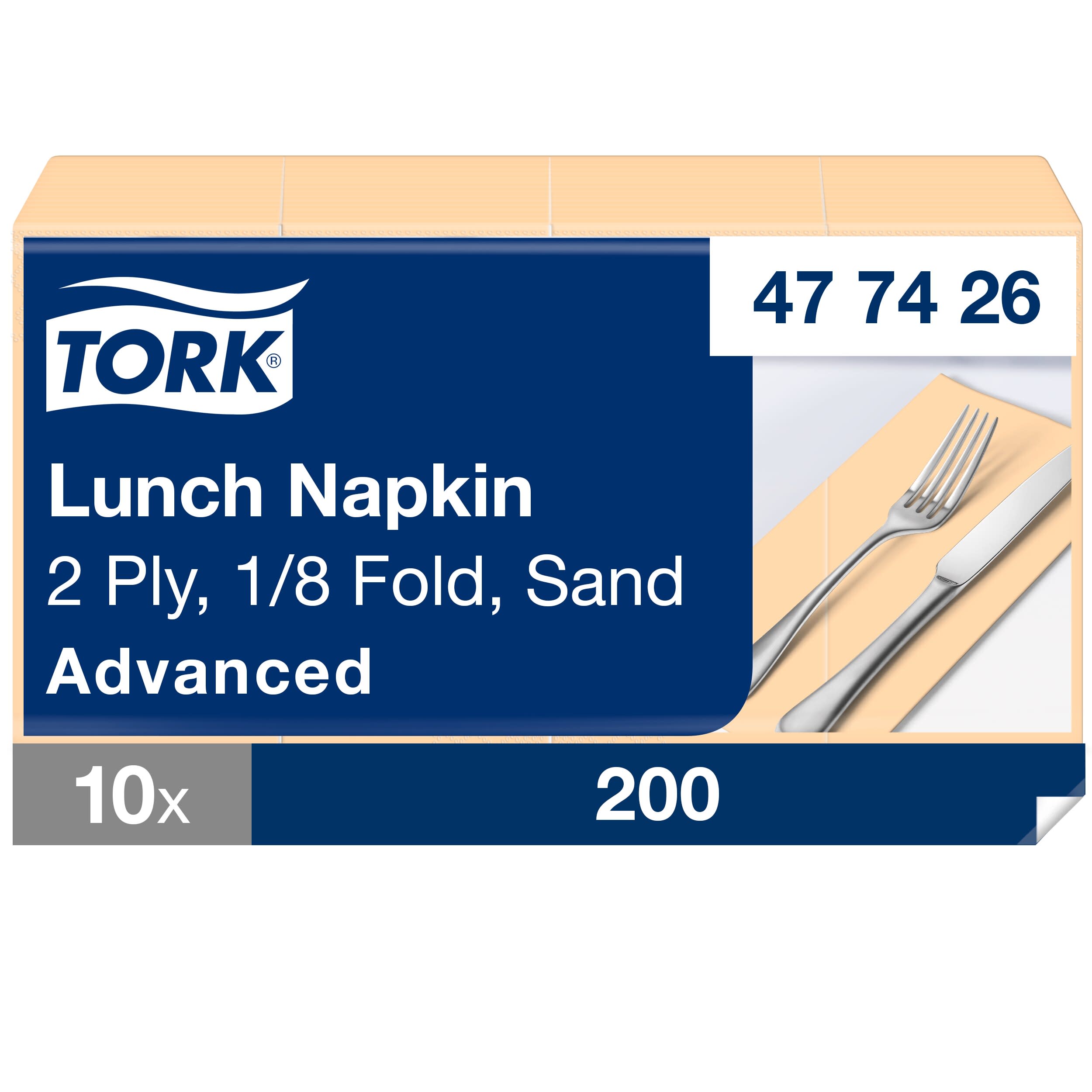 Tork Lunchserviette Sand, 1/8-Falz, 2-lagig, 33 cm × 33 cm, 10 × 200 Servietten, 477426