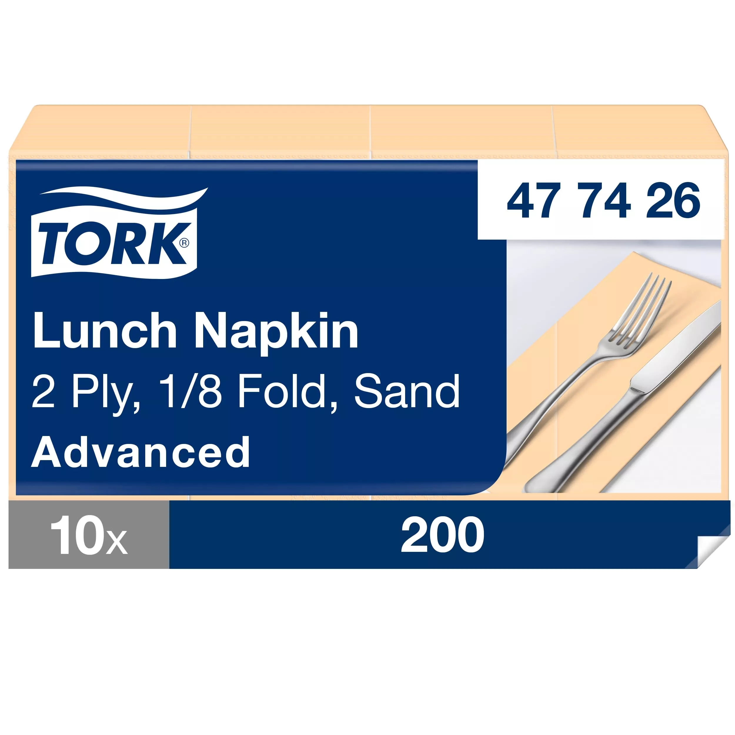 Tork Lunchserviette Sand, 1/8-Falz, 2-lagig, 33 cm × 33 cm, 10 × 200 Servietten, 477426