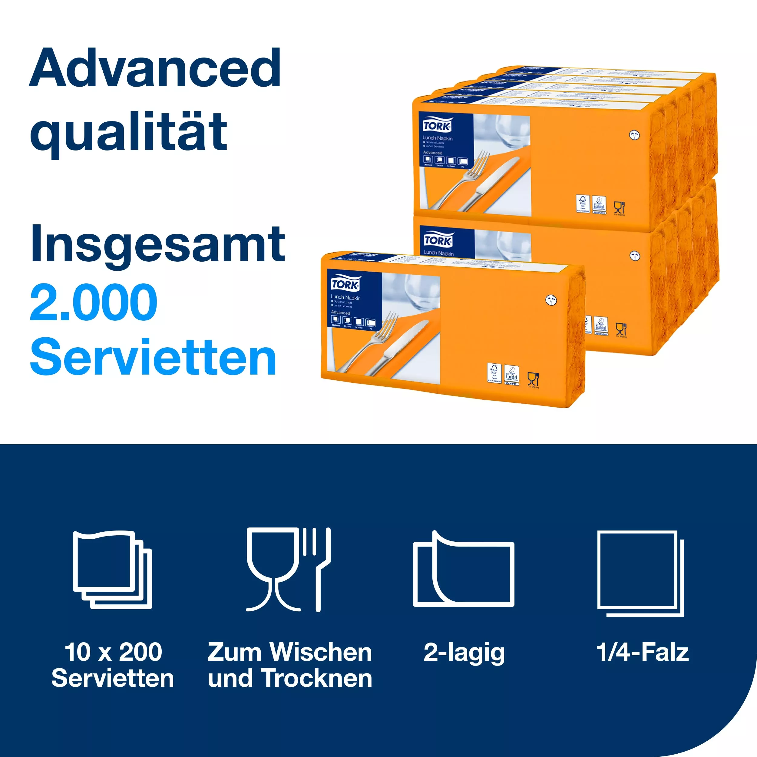 Tork Lunchserviette Orange, 1/4-Falz, 2-lagig, 33 cm × 33 cm, 10 × 200 Servietten, 477843