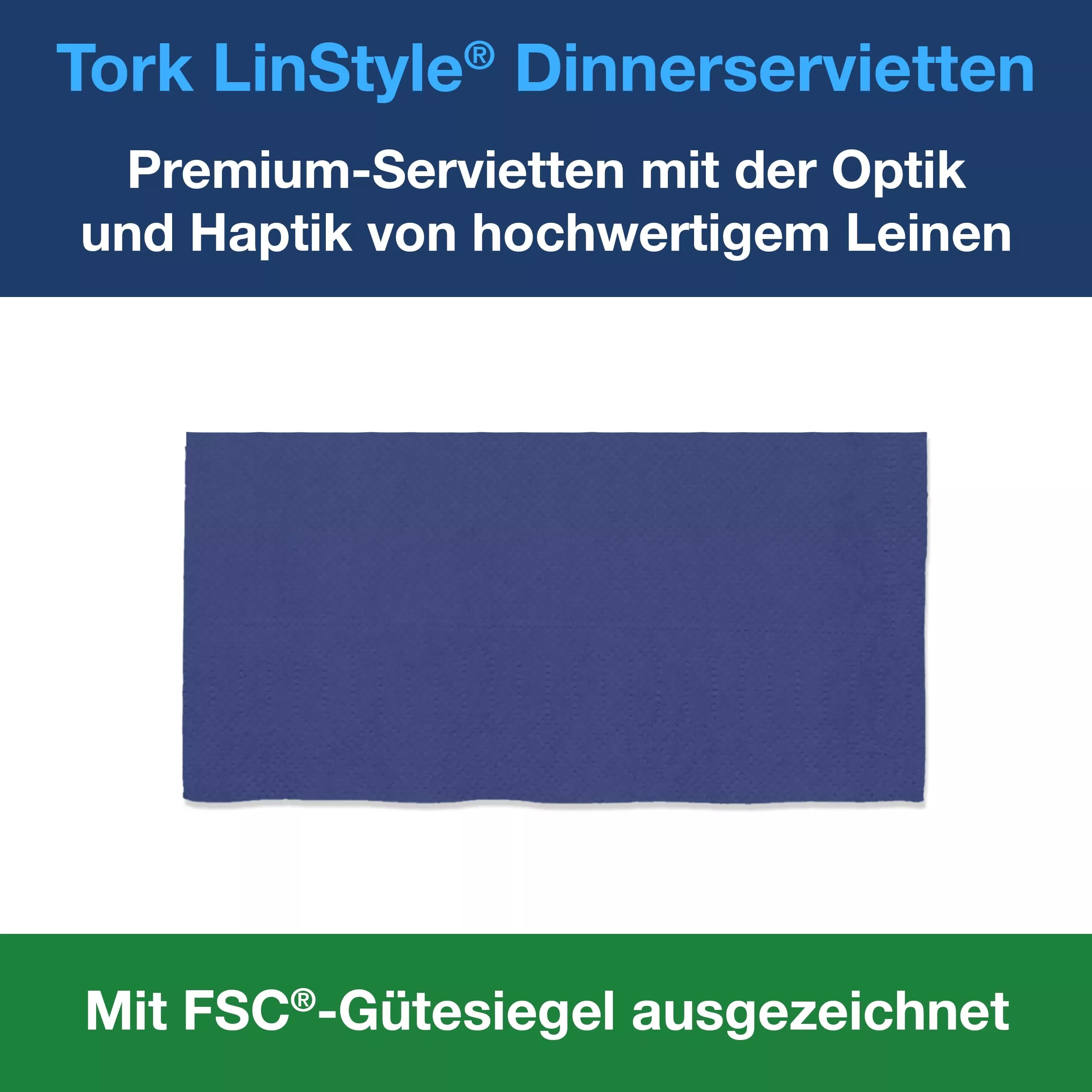 Tork LinStyle® Dinnerservietten Mitternachtsblau, 1/8‑Falz, 40 cm × 39 cm, 12 × 50 Servietten, 478166