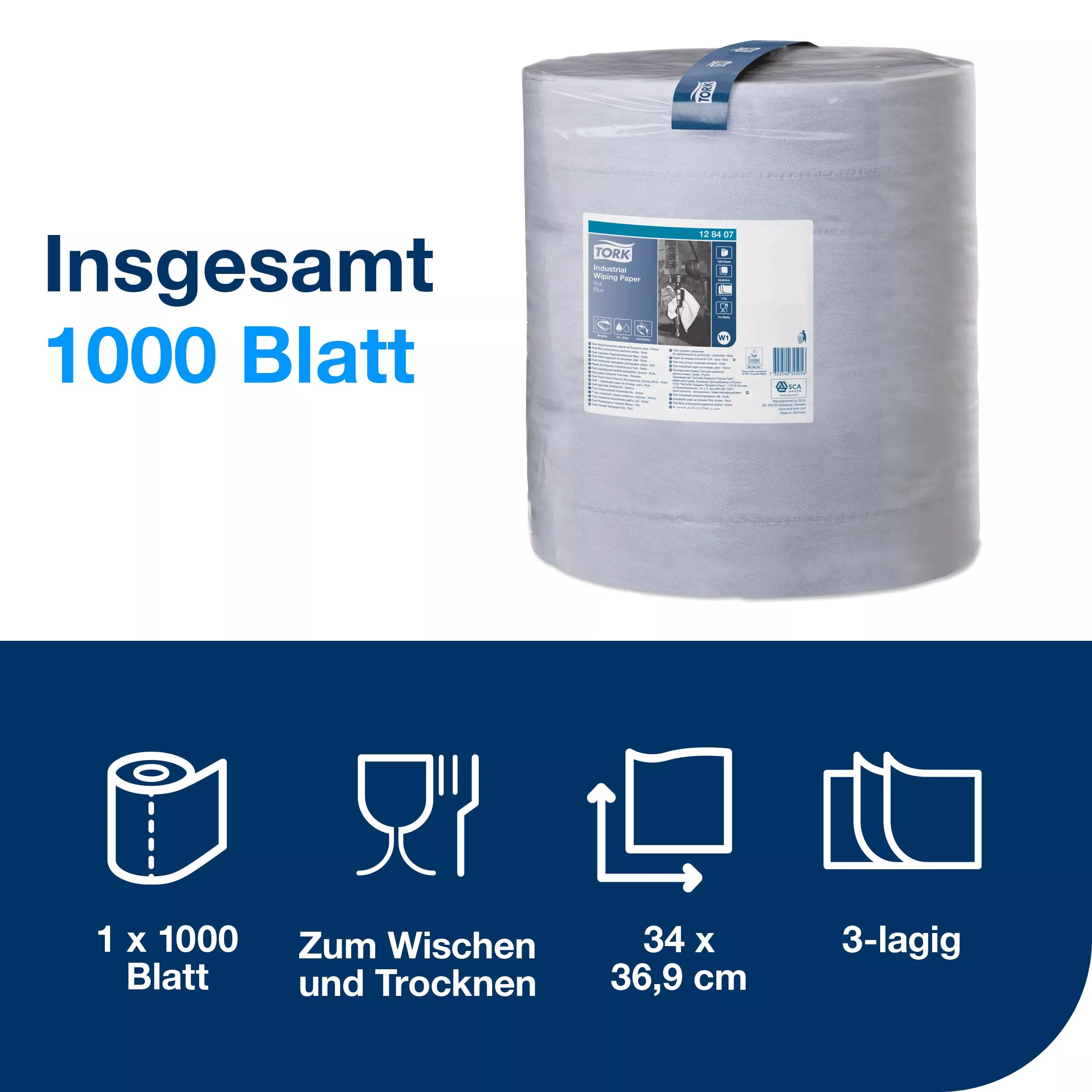 Tork Papierwischtücher Blau W1, Saugfähig, 1 × 1.000 Blatt, 128407