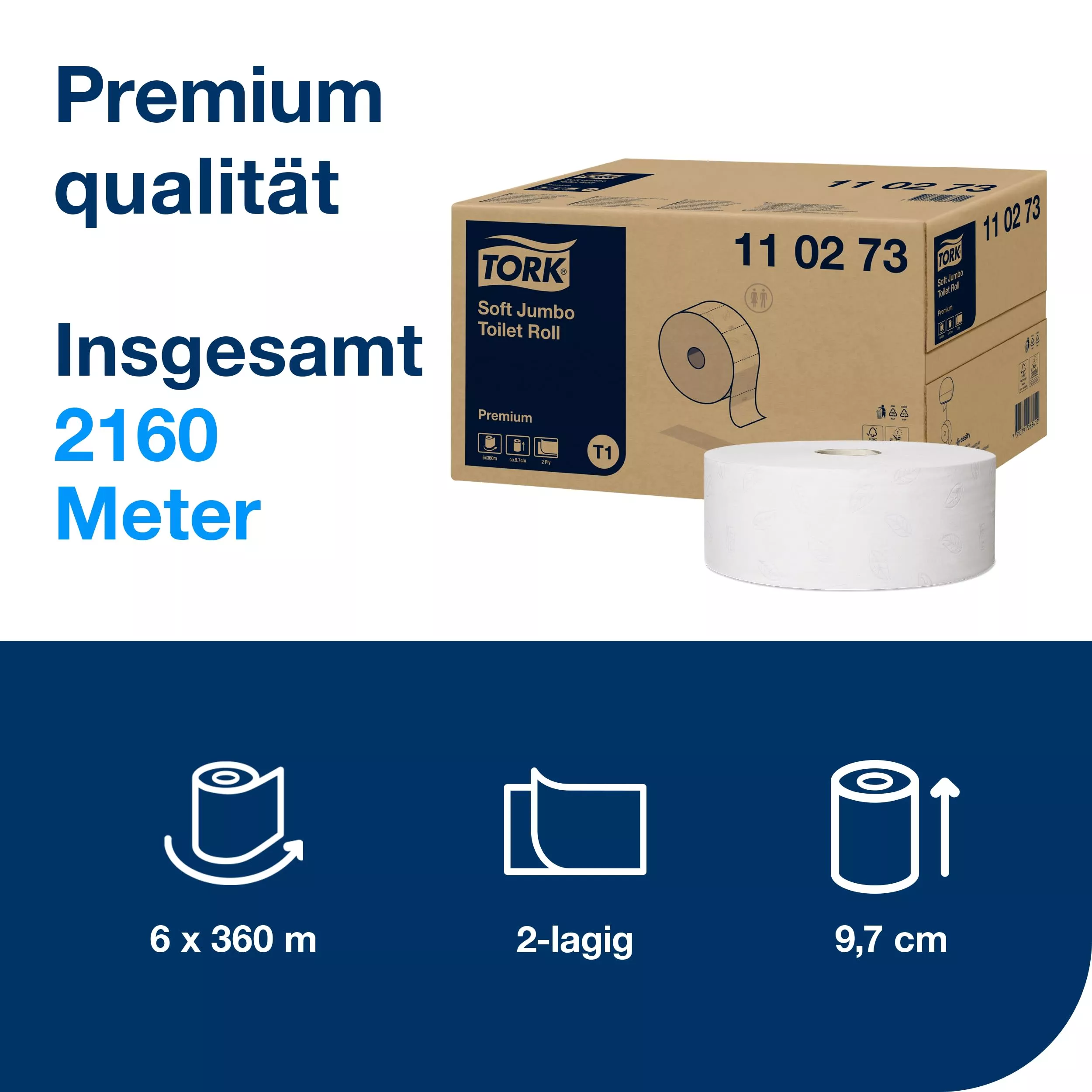 Tork weiches Jumbo Toilettenpapier Weiß T1, Premium, 2‑lagig, 6 × 360 m, 110273