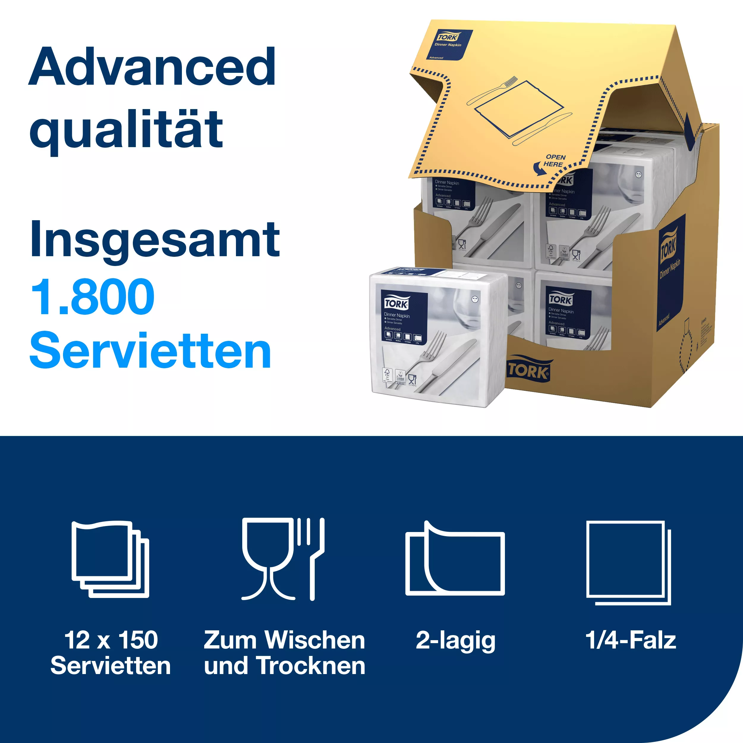 Tork Dinnerservietten Weiß, 1/4-Falz, 2‑lagig, 40 cm × 39 cm, 12 × 150 Servietten, 478746