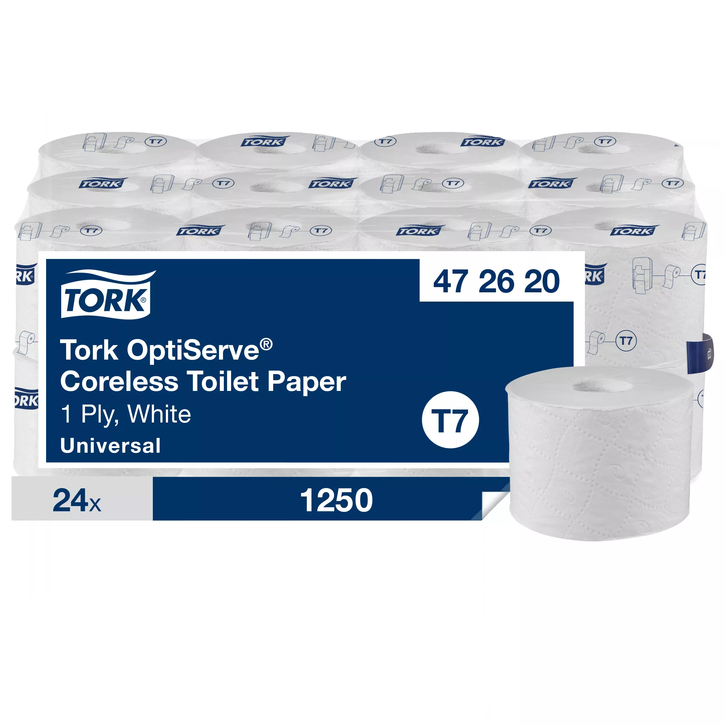 Tork OptiServe® Hülsenloses Toilettenpapier Weiß T7, Universal, 1‑lagig, 24 × 1.250 Blatt, 472620