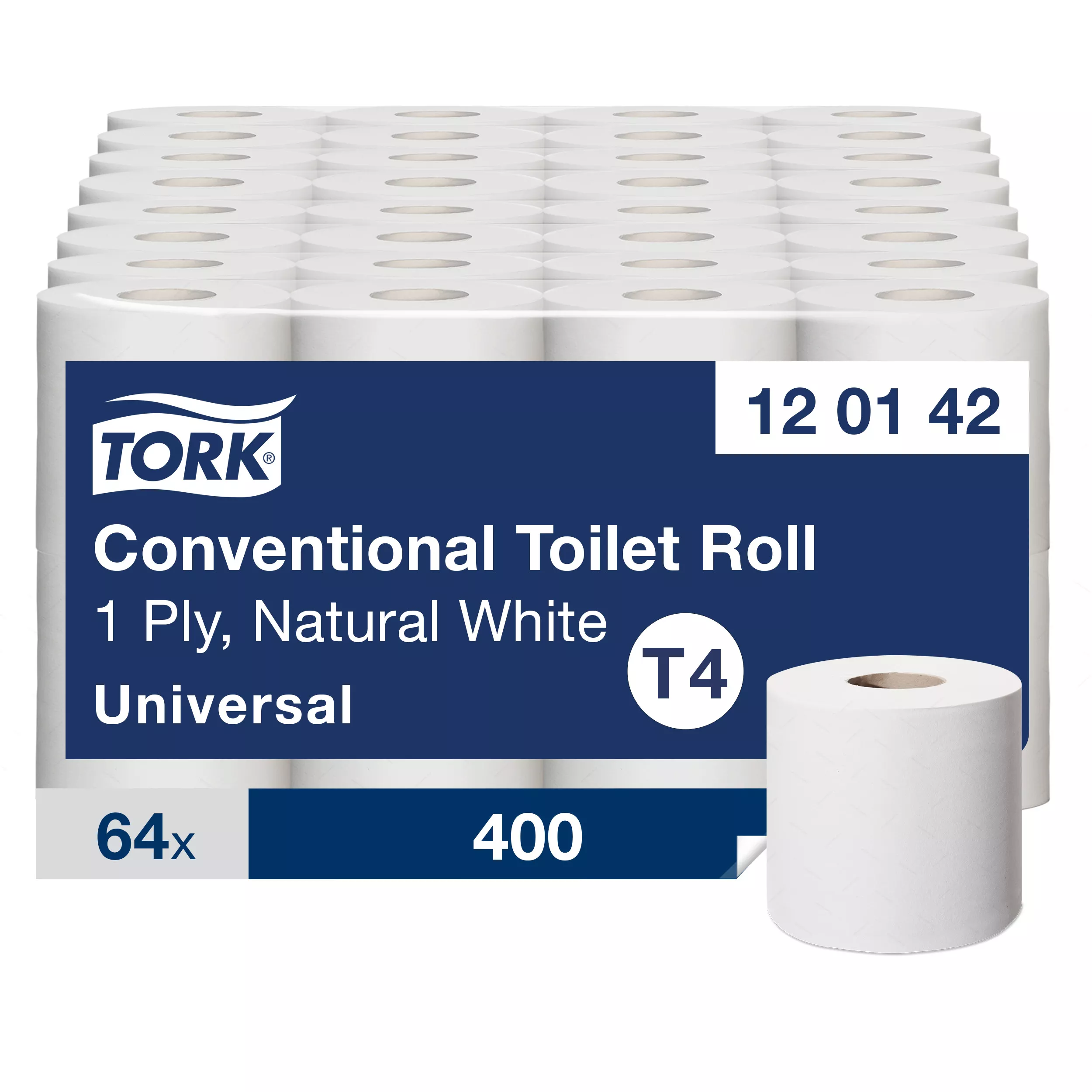 Tork Kleinrollen Toilettenpapier Weiß T4, Universal-Qualität, 1-lagig, extralange Rolle, 64 × 400 Blatt, 120142