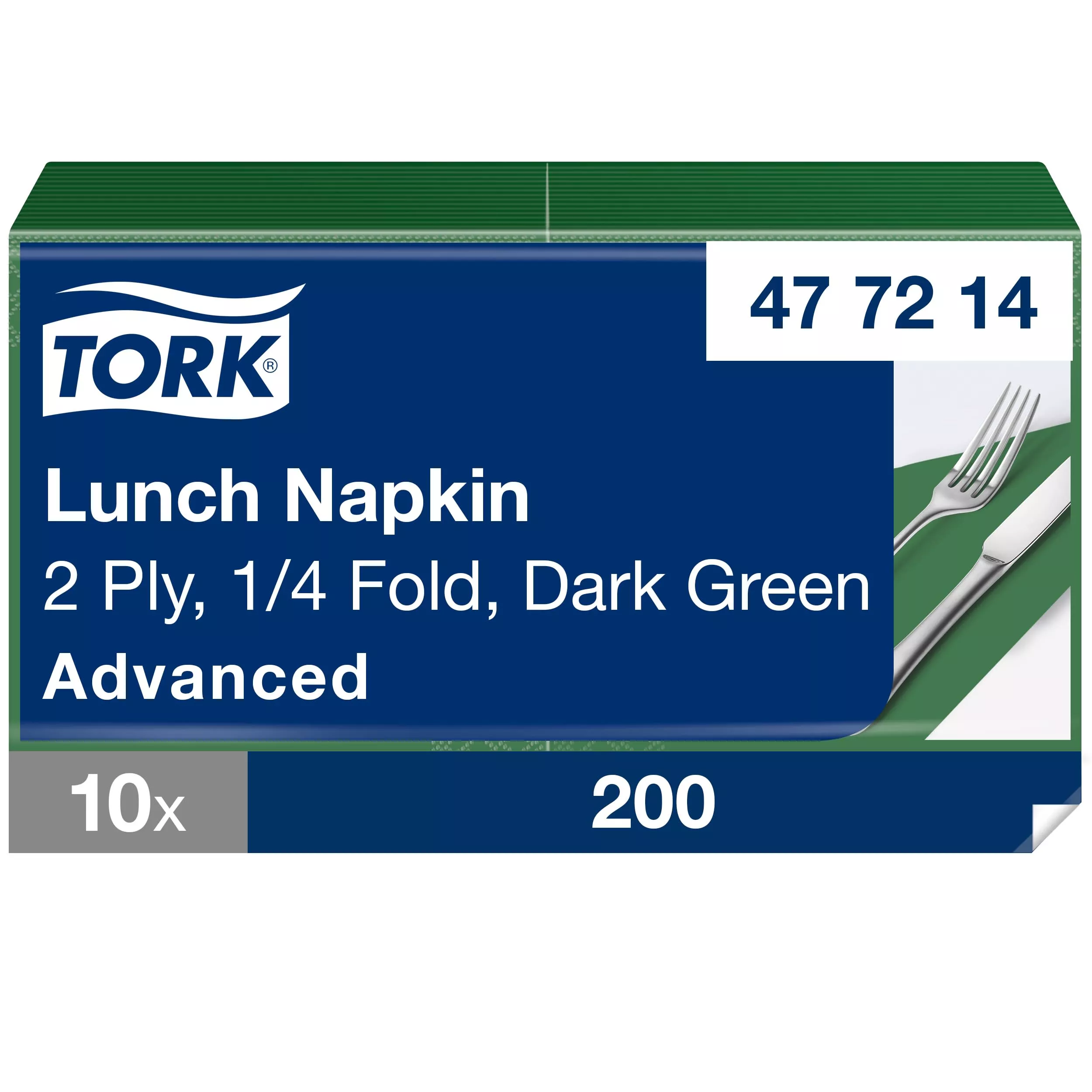 Tork Lunchservietten Dunkelgrün, 1/4-Falz, 2-lagig, 33 cm × 33 cm, 10 × 200 Servietten, 477214