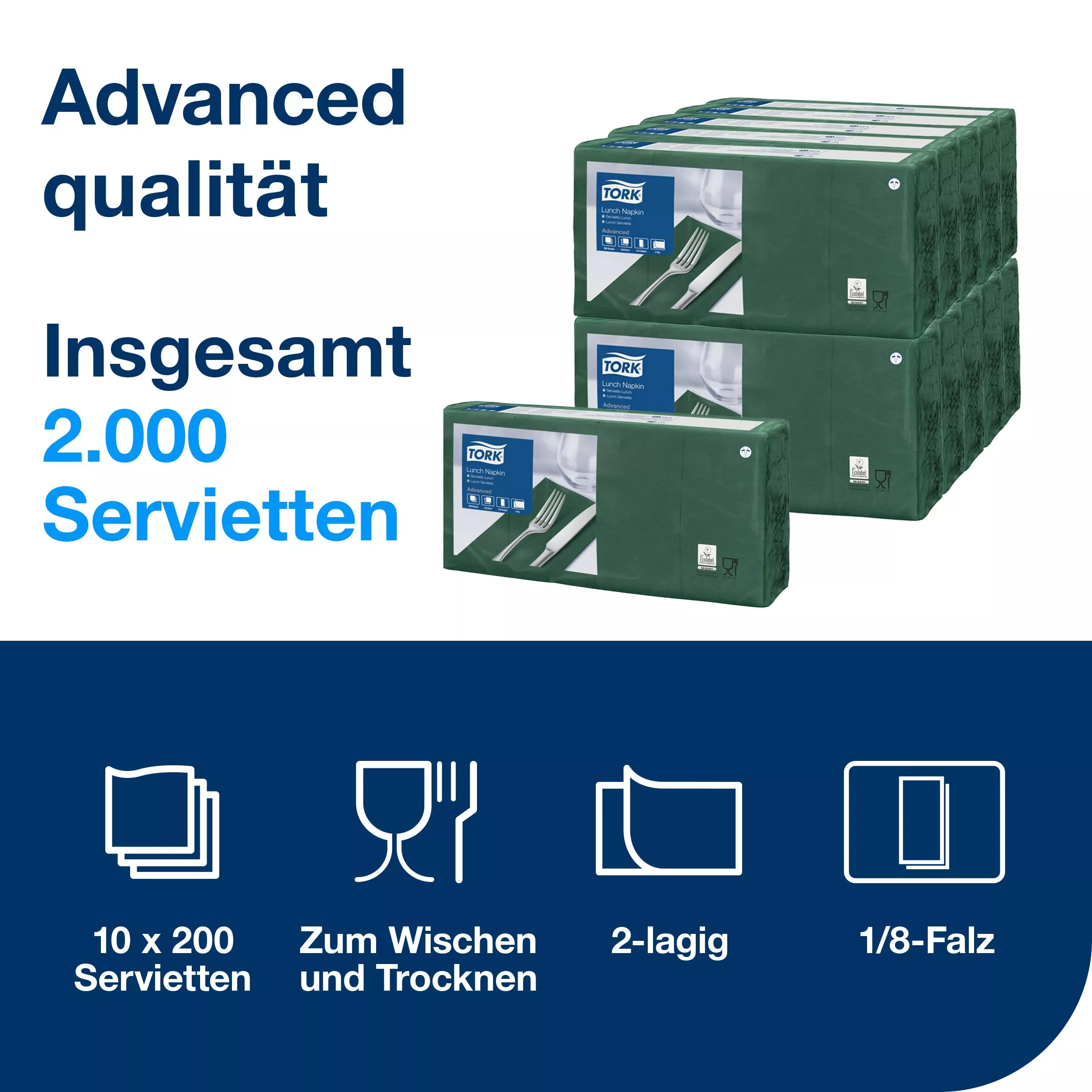 Tork Lunchserviette Dunkelgrün, 1/8-Falz, 2-lagig, 33 cm × 33 cm, 10 × 200 Servietten, 477423