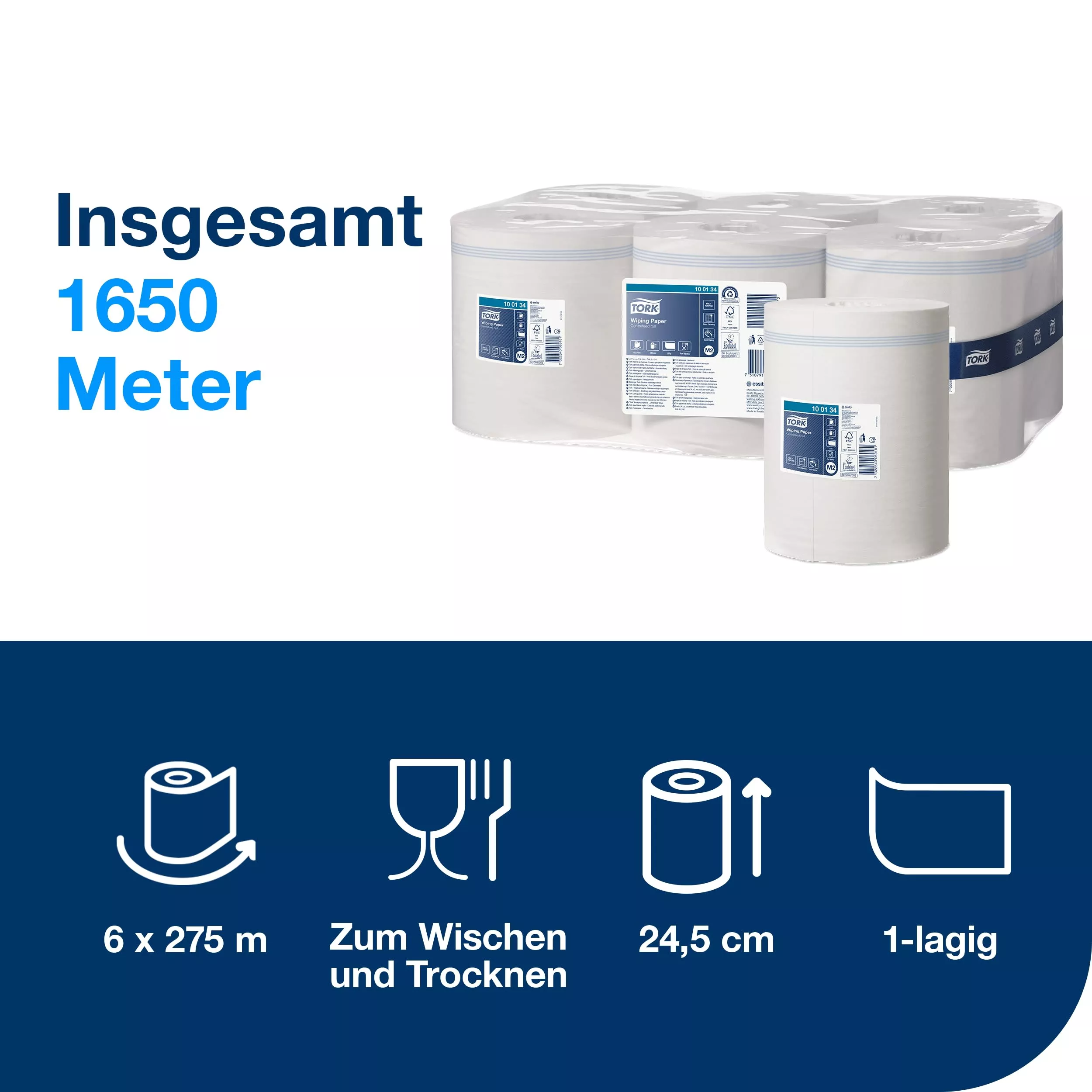 Tork Innenabrollungs-Papierwischtücher Weiß M2, Saugfähig, 6 Rollen, 100134