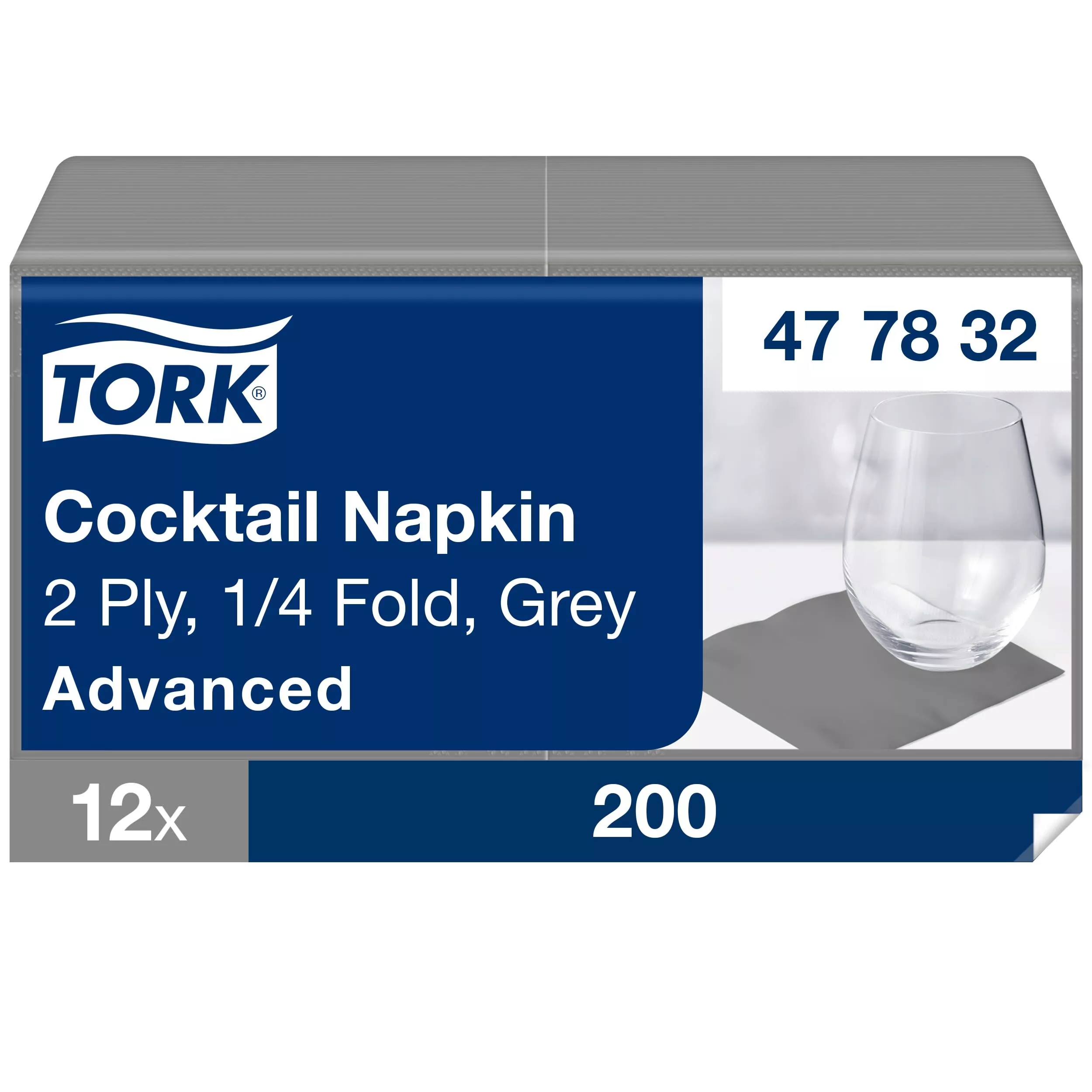 Tork Cocktailservietten Grau, 1/4-Falz, 2-lagig, 24 cm × 24 cm, 12 × 200 Servietten, 477832