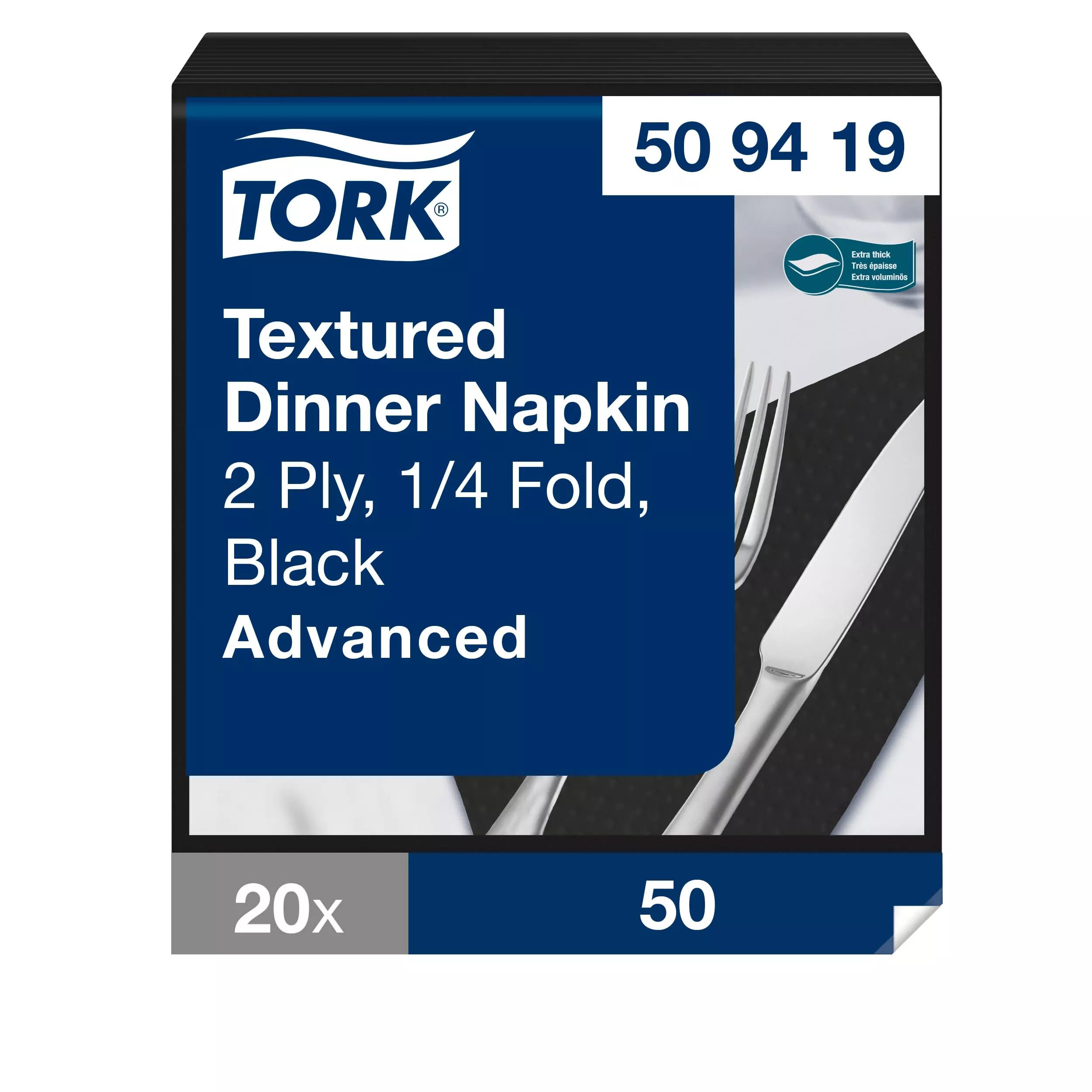 Tork Textured Dinnerservietten Schwarz, 1/4‑Falz, 2‑lagig, 38 cm × 39 cm, 20 × 50 Servietten, 509419
