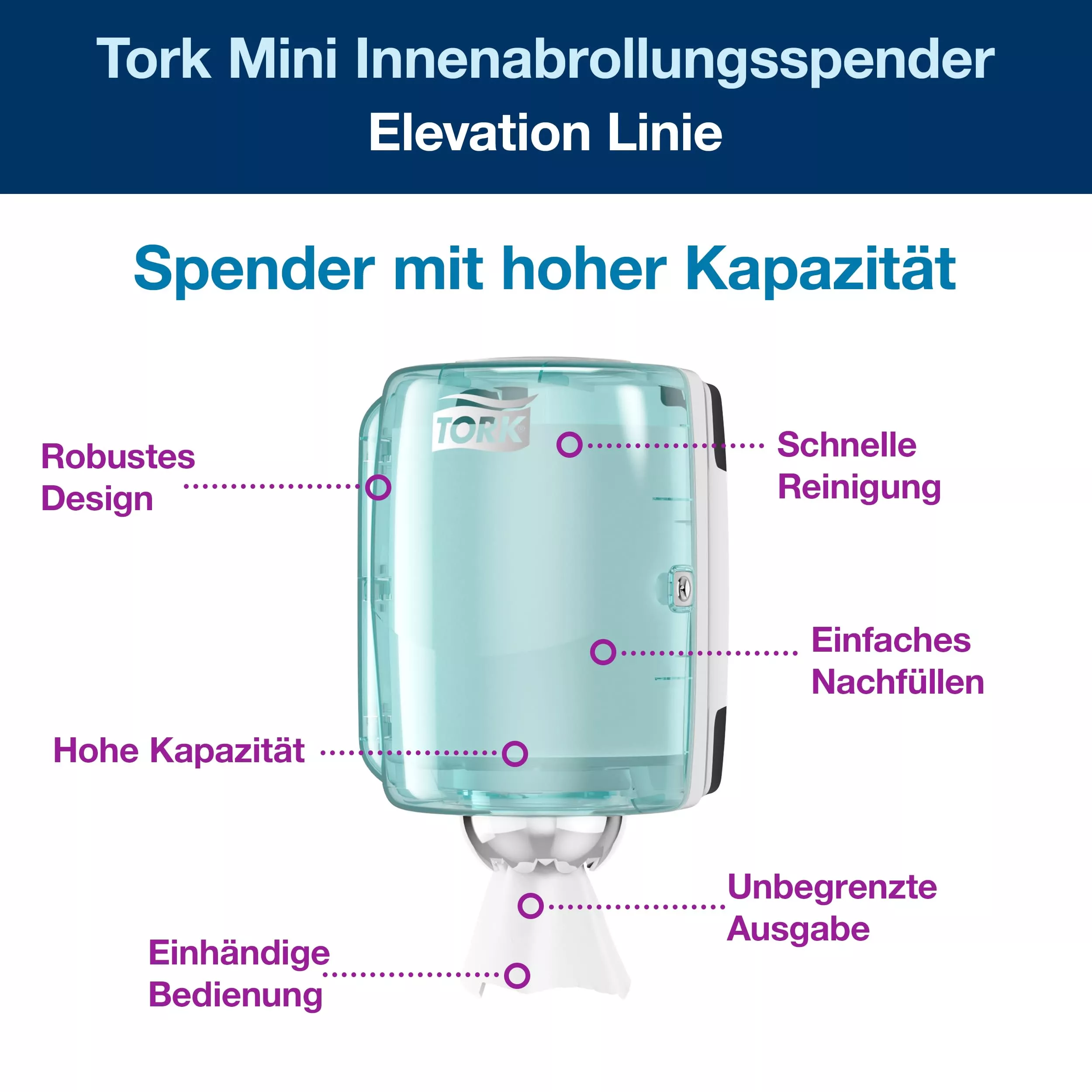 Tork Innenabrollungsspender Weiß und Türkis M2, Robustes Design, Performance Linie, 659000