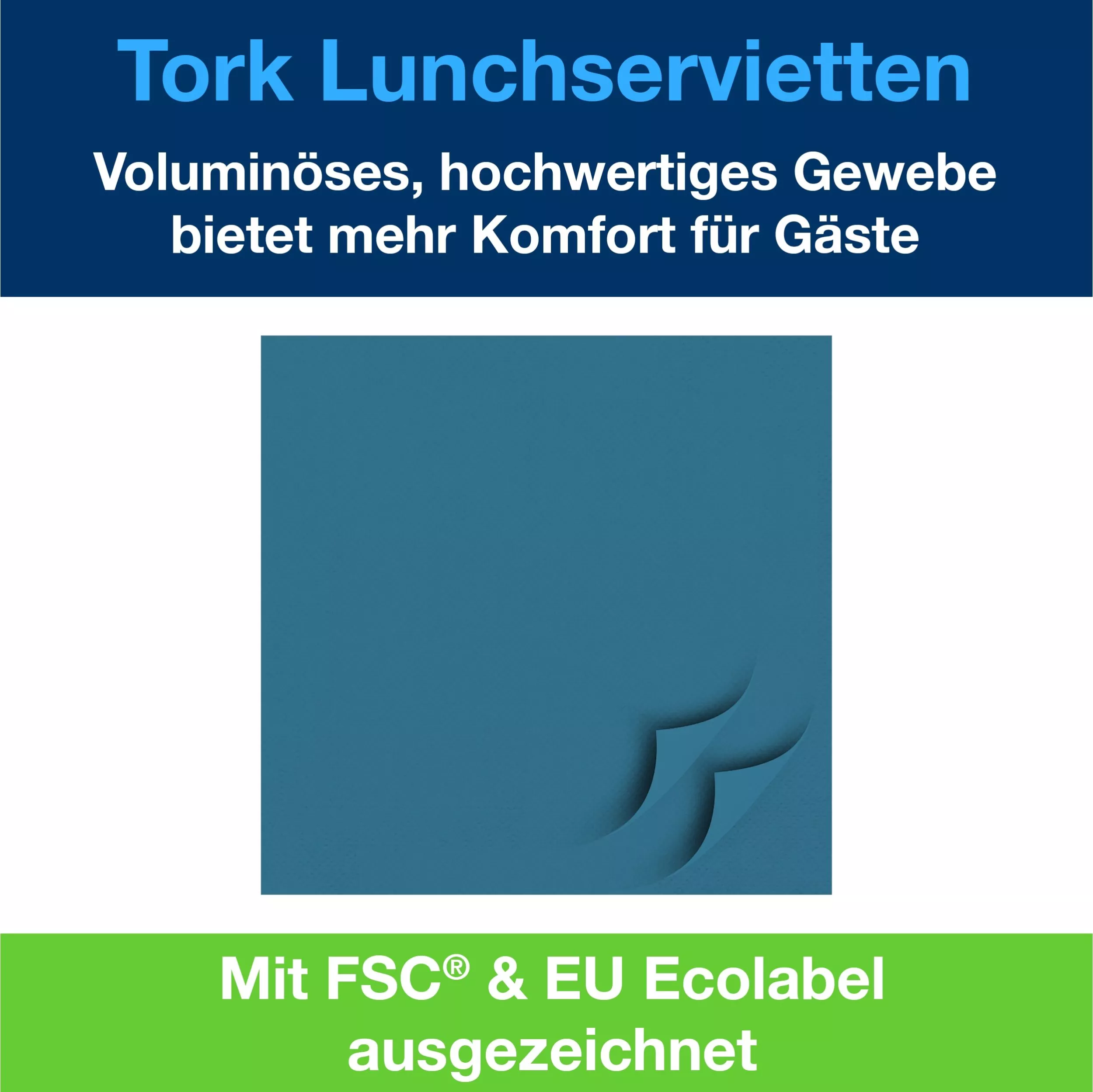 Tork Lunchserviette Blaugrün, 1/4-Falz, 3-lagig, 33 cm × 33 cm, 10 × 150 Servietten, 477874
