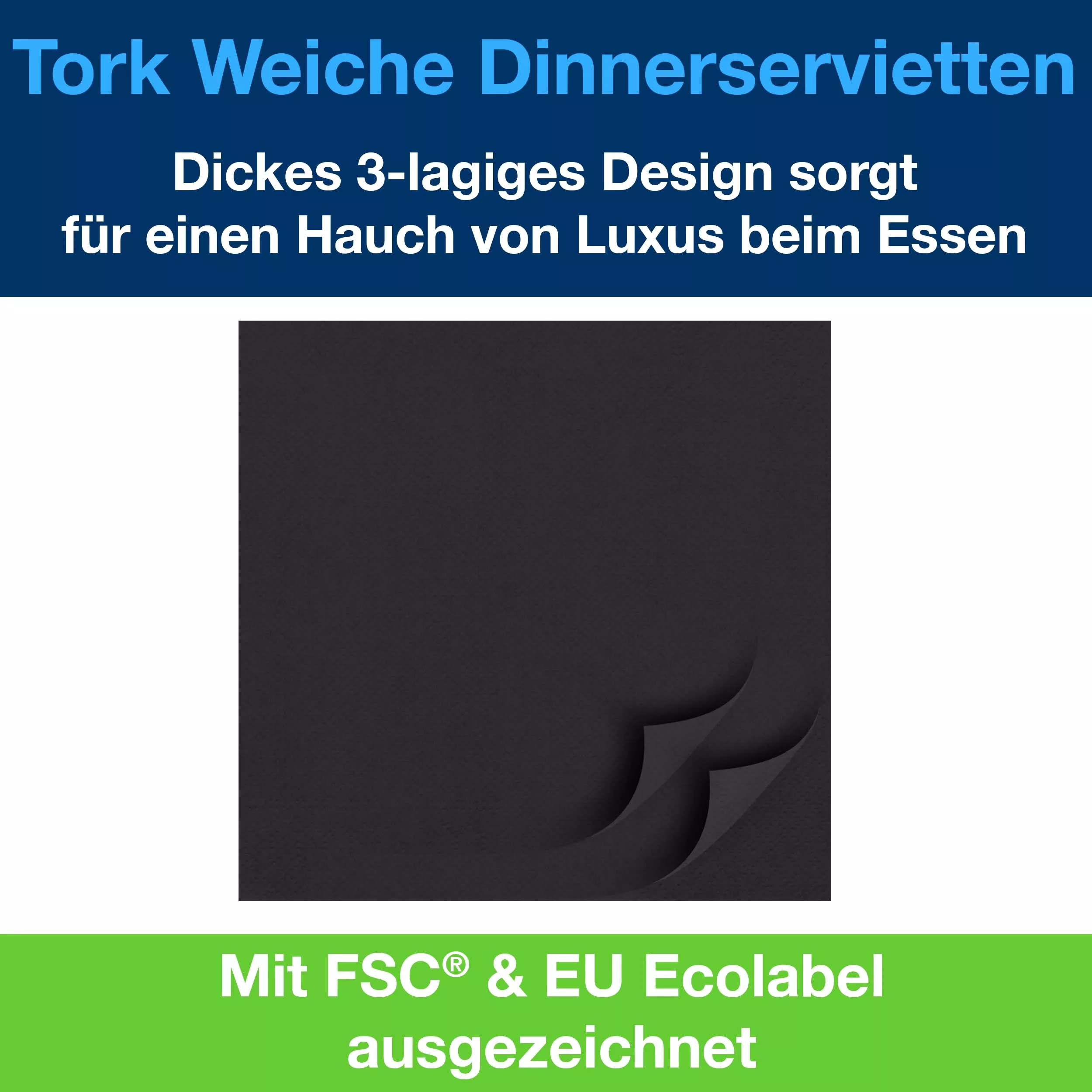 Tork Soft Dinnerservietten Schwarz, 1/4‑Falz, 3‑lagig, 40 cm × 39 cm, 12 × 100 Servietten, 477675