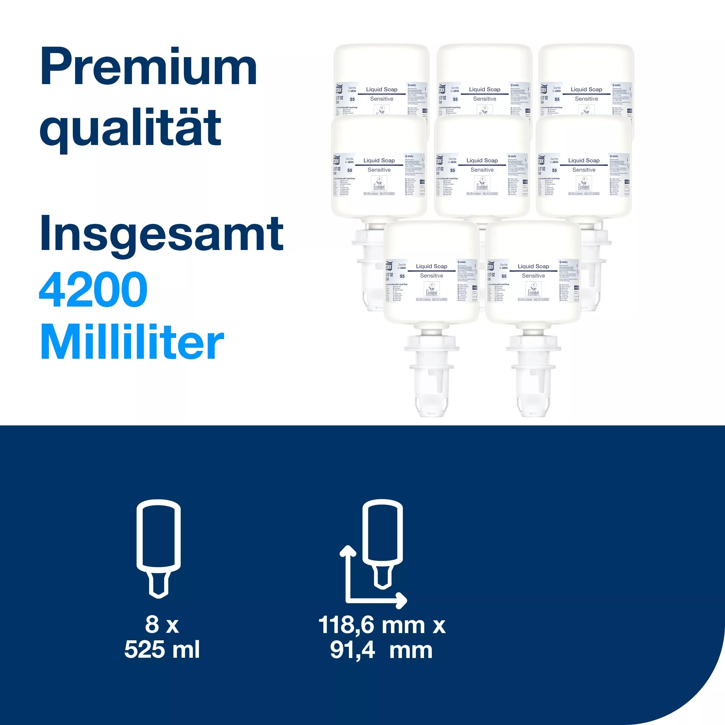 Tork Sensitive Hand Mini Flüssigseife S5, allergikerfreundlich, 8 × 525 ml, 425202