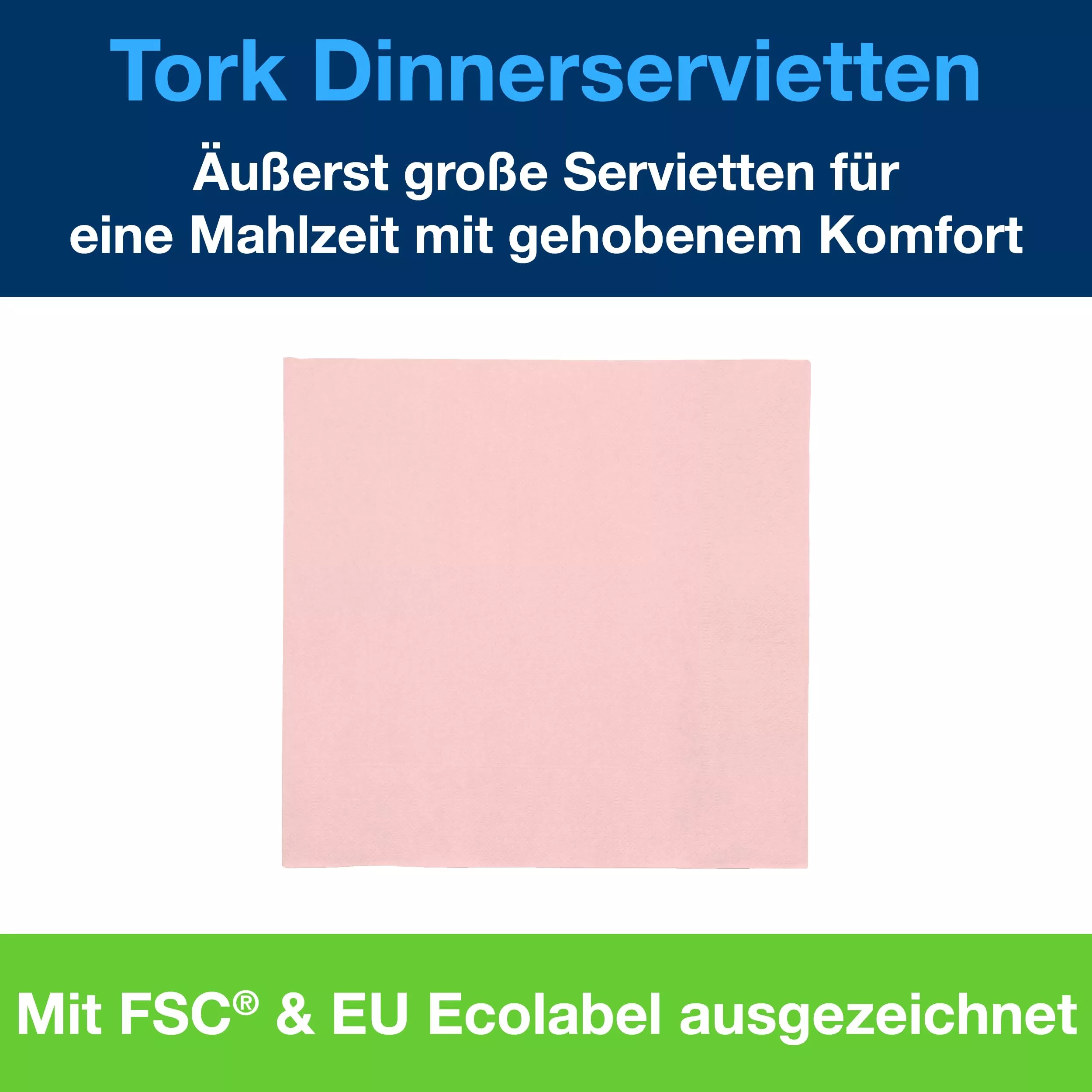 Tork Dinnerservietten Hellrosa, 1/4-Falz, 2‑lagig, 40 cm × 39 cm, 12 × 150 Servietten, 509402