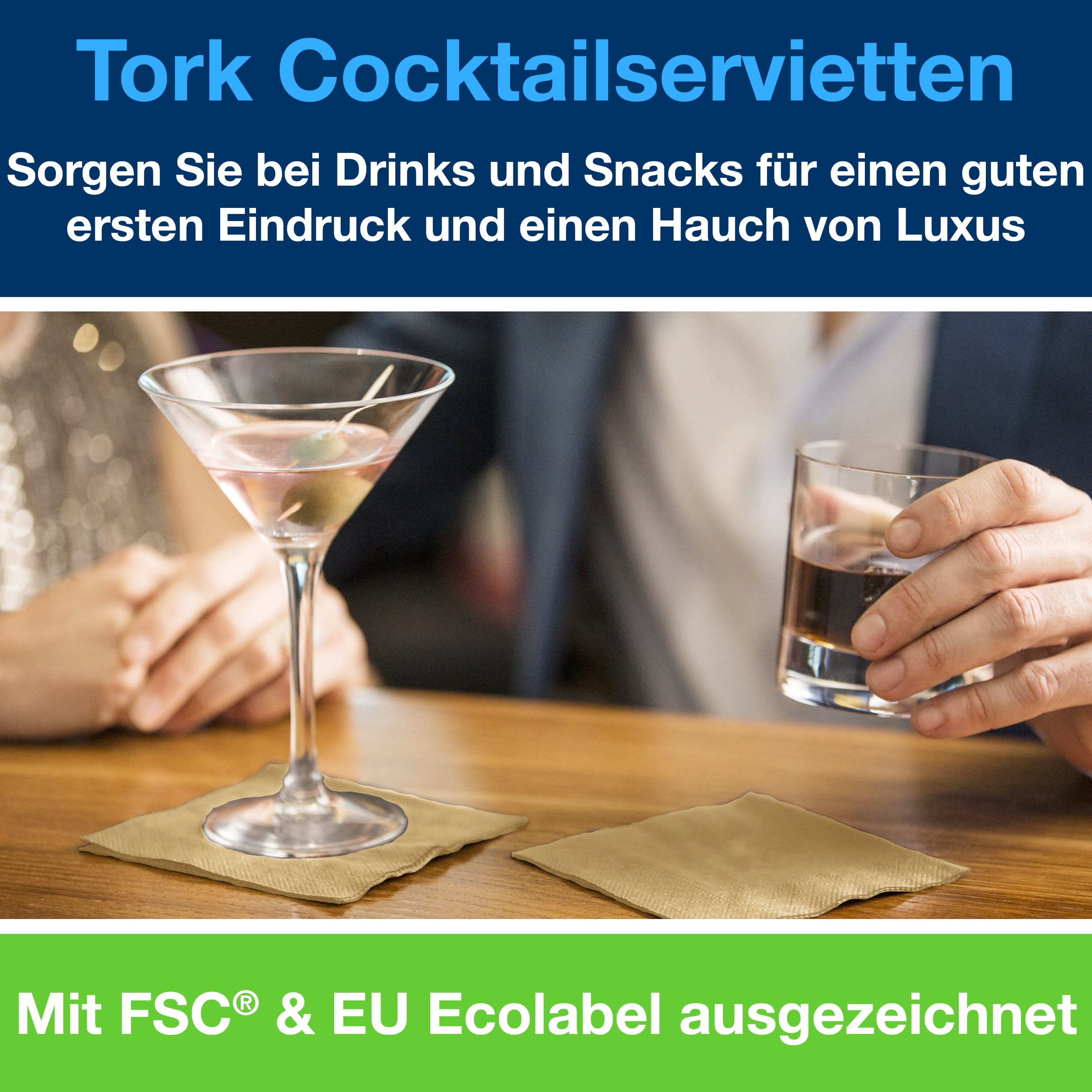 Tork Cocktailservietten Biscuit, 1/4-Falz, 2-lagig, 24 cm × 24 cm, 12 × 200 Servietten, 470001