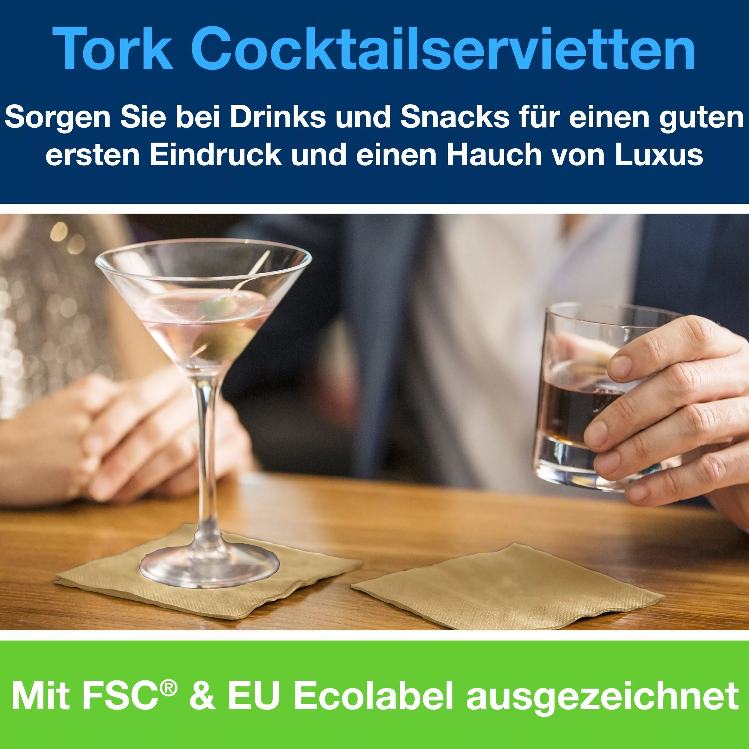 Tork Cocktailservietten Biscuit, 1/4-Falz, 2-lagig, 24 cm × 24 cm, 12 × 200 Servietten, 470001