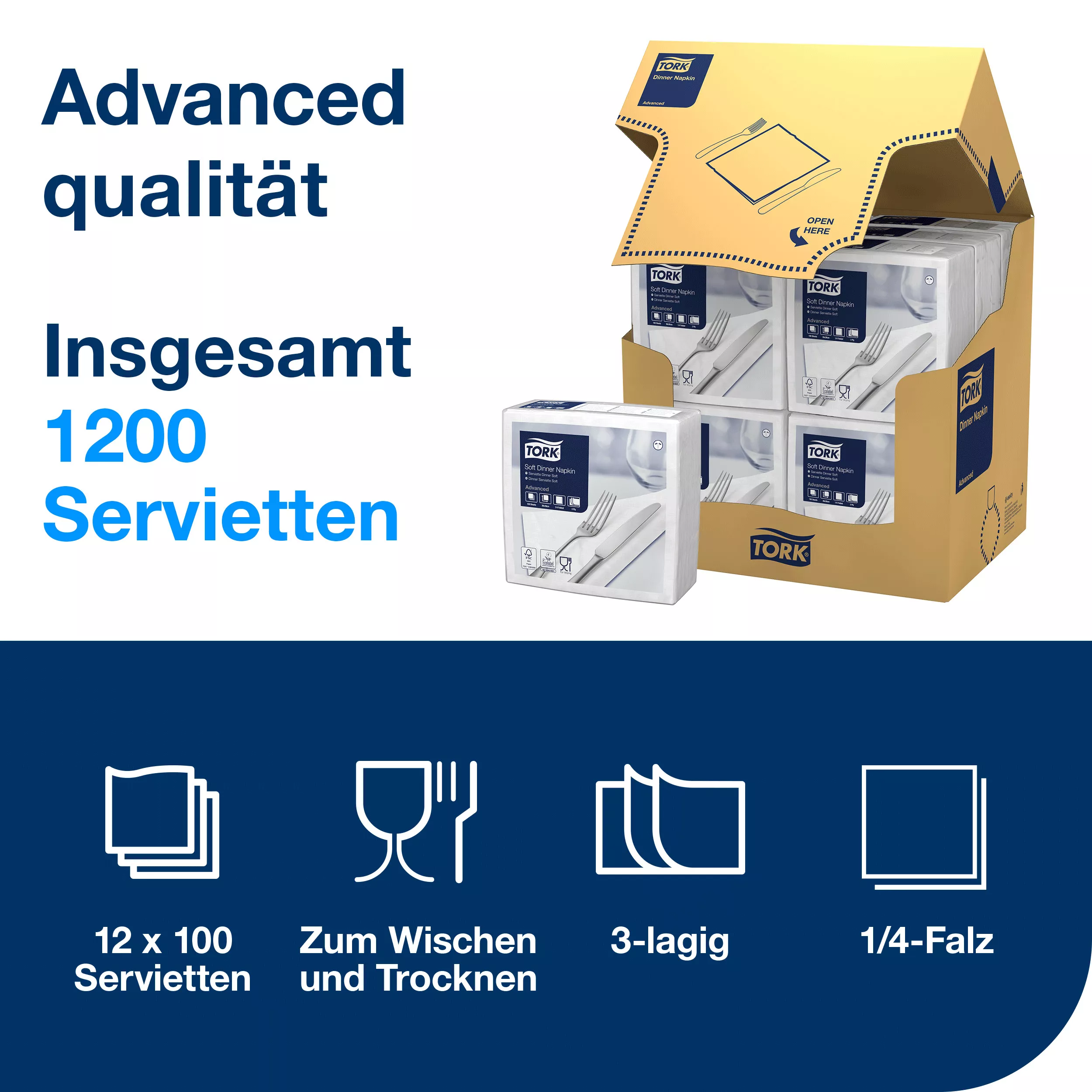 Tork Soft Dinnerservietten Weiß, 1/4‑Falz, 3‑lagig, 40 cm × 39 cm, 12 × 100 Servietten, 477577