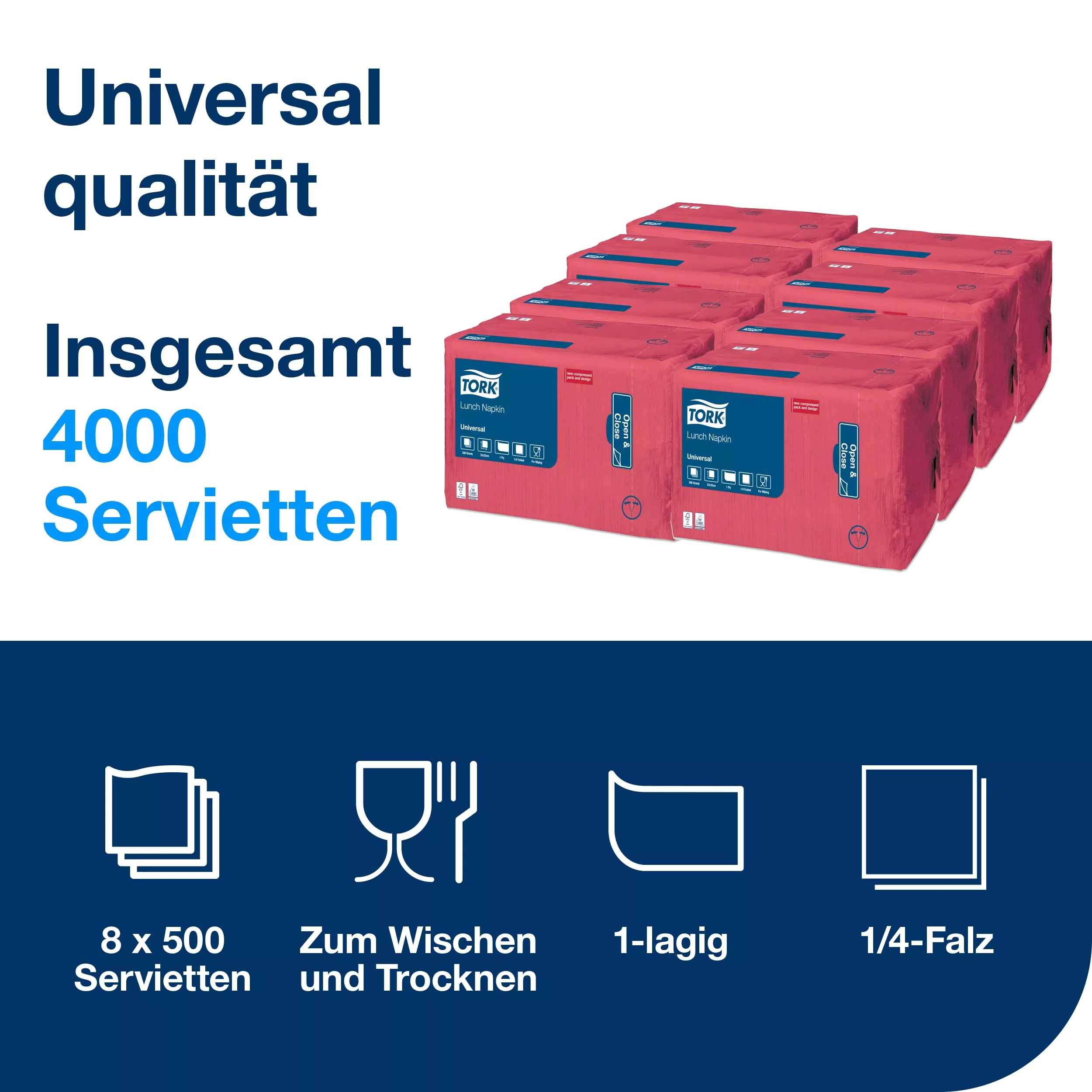Tork Lunchserviette Rot, 1/4‑Falz, 1‑lagig, 32 cm × 32 cm, 8 × 500 Servietten, 509307