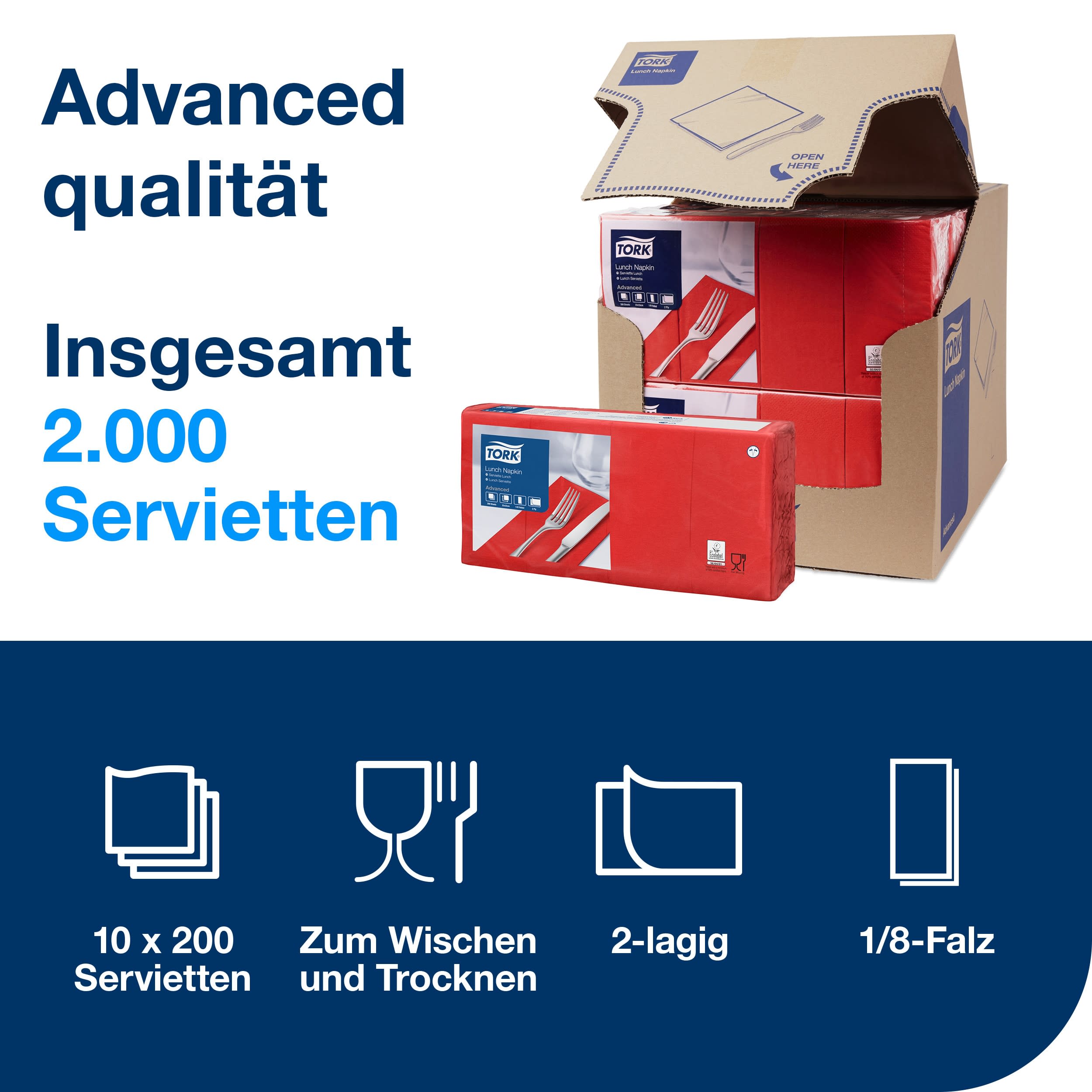 Tork Lunchserviette Rot, 1/8-Falz, 2-lagig, 33 cm × 33 cm, 10 × 200 Servietten, 477417