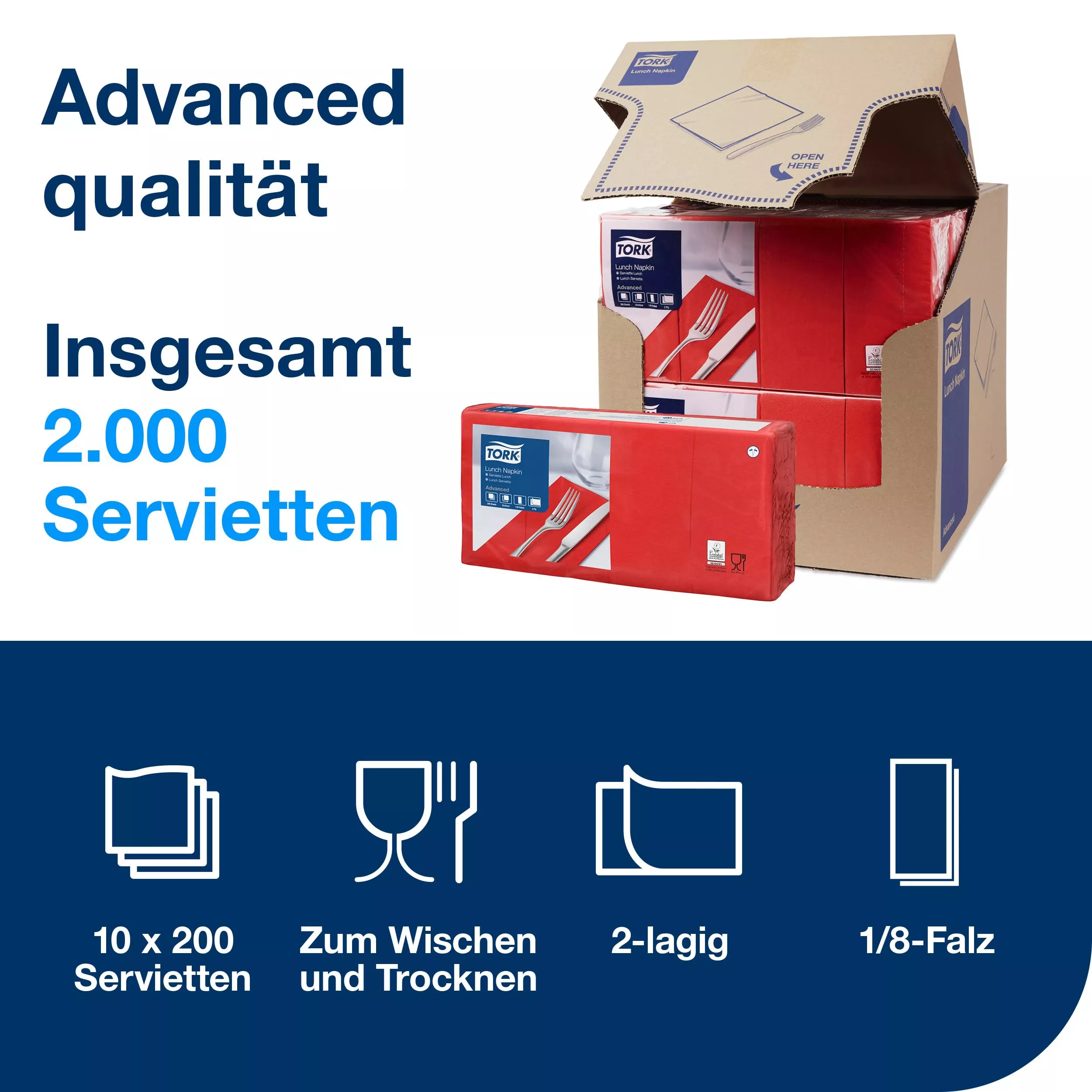 Tork Lunchserviette Rot, 1/8-Falz, 2-lagig, 33 cm × 33 cm, 10 × 200 Servietten, 477417