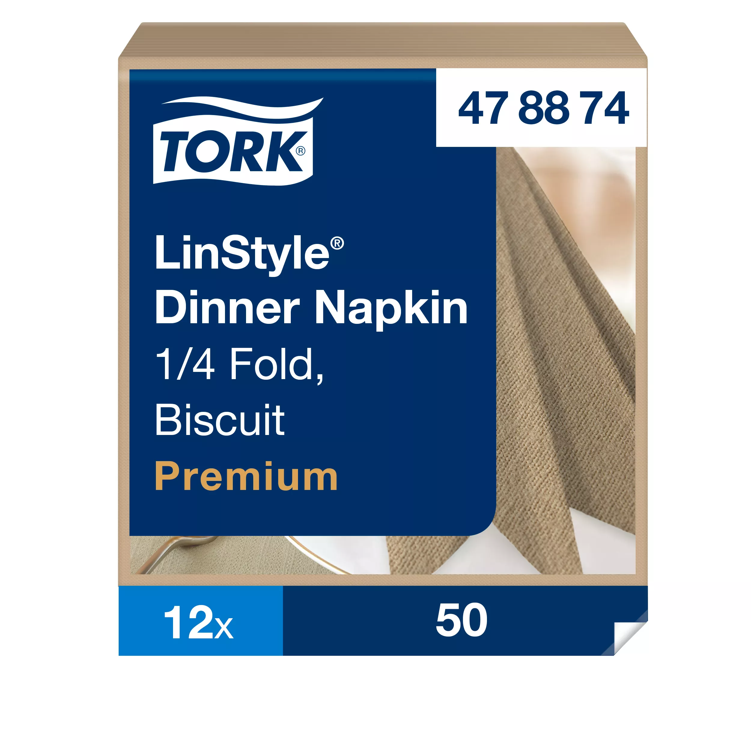 Tork LinStyle® Dinnerservietten Biscuit, 1/4‑Falz, 39 cm × 39 cm, 12 × 50 Servietten, 478874